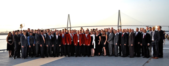 Members of the Global Eagles gather for a group photo during the Eagle Feather event on the USS Yorktown in Charleston, S.C., on Sept. 19, 2015. This year was the 15th Airlift Squadron’s 75th anniversary and part of the celebration was the induction of six new members to the Hall of Fame.