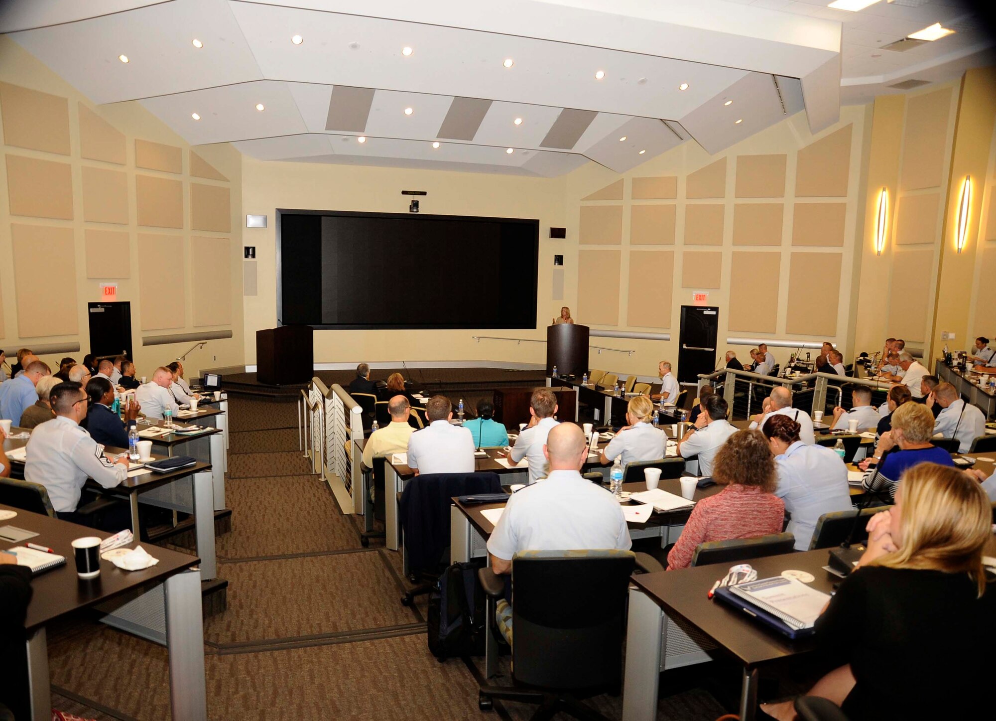 Secretary of the Air Force Deborah Lee James speaks with more than 130 Airmen at the Suicide Prevention Summit at Joint Base Andrews, Md., Sept. 24, 2015. The summit’s goal was to establish an agenda to decrease suicide rates across the Air Force. (Air Force photo/Staff Sgt. Whitney Stanfield) 