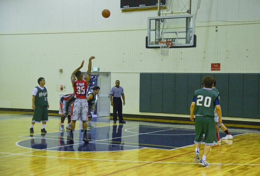 Randall Ard shoots a free throw during the first quarter of a basketball game against the Saitama Hedges at Yokota Air Base, Japan, Sept. 26, 2015. Ard made both free throw attempts. (U.S. Air Force photo by Senior Airman David Owsianka/Released)