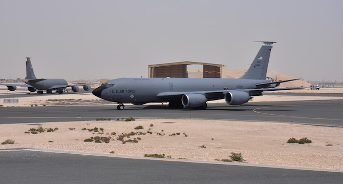 A KC-135 Stratotanker taxis to the runway at Al Udeid Air Base, Qatar March 27. Ensuring aircraft, like the one pictured here, take-off safely is one of the many responsibilities of the 379th Operations Support Squadron’s Airfield Management team. The team inspects AUAB’s airfield every day, more than 49 million square feet of pavement. Any discrepancies that could interfere with flying operations are reported and dealt with quickly. In 2015, the 379 EOSS Airfield Management team supported more than 20,000 sorties. (U.S. Air Force photo by Tech. Sgt. James Hodgman/Released)