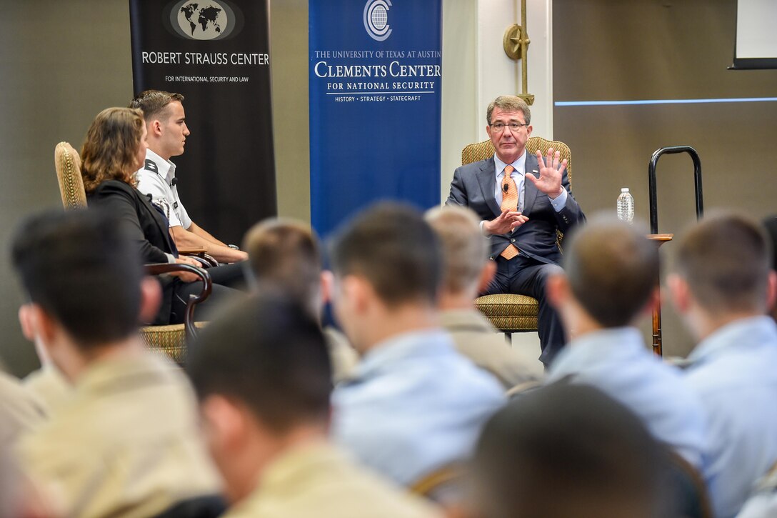Defense Secretary Ash Carter delivers remarks during a discussion with students and ROTC cadets at the University of Texas at Austin, March 31, 2016. DoD photo by U.S. Army Sgt. 1st Class Clydell Kinchen