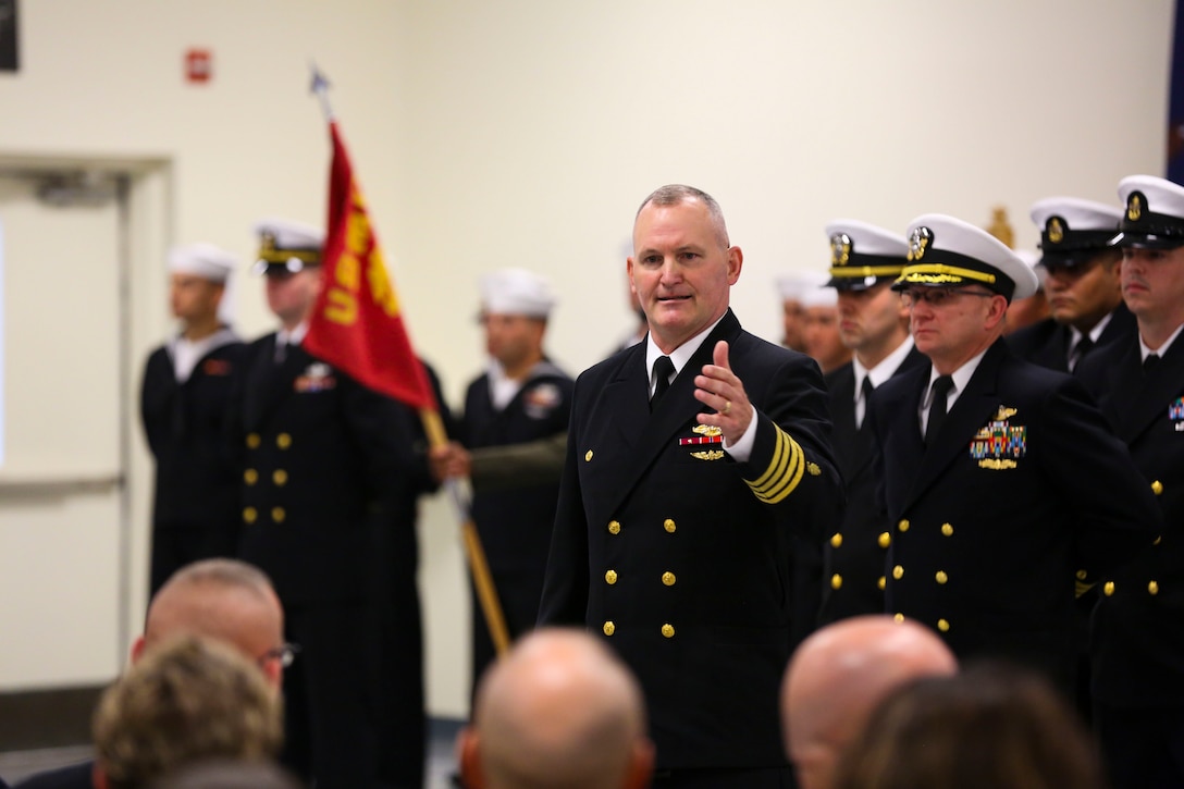 Navy Capt. Richard Jehue addresses the audience, bidding farewell in a change of command ceremony at Marine Corps Base Camp Lejeune at Camp Johnson Friday. Jehue served in both the Marine Corps and the Navy for a total of 31 years of service. 