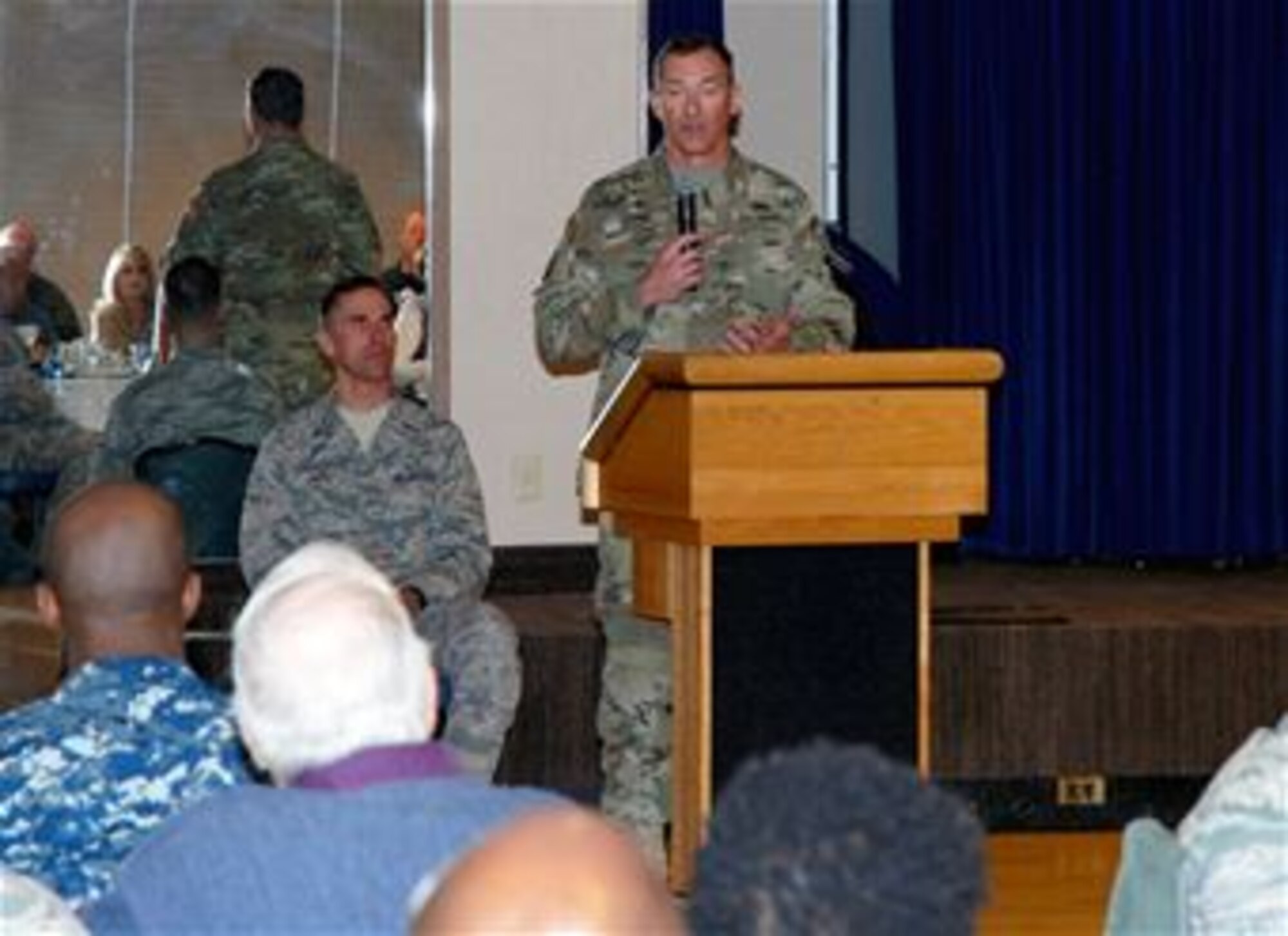 Chaplain (Col.) Jay Johns III, North American Aerospace Defense Command and U.S. Northern Command chaplain addresses the audience during the National Prayer Luncheon at the Peterson Club on March 18. His topic for the event was “Real Strength of a Strong Leader.” (U.S. Air Force photo, Dave Smith)