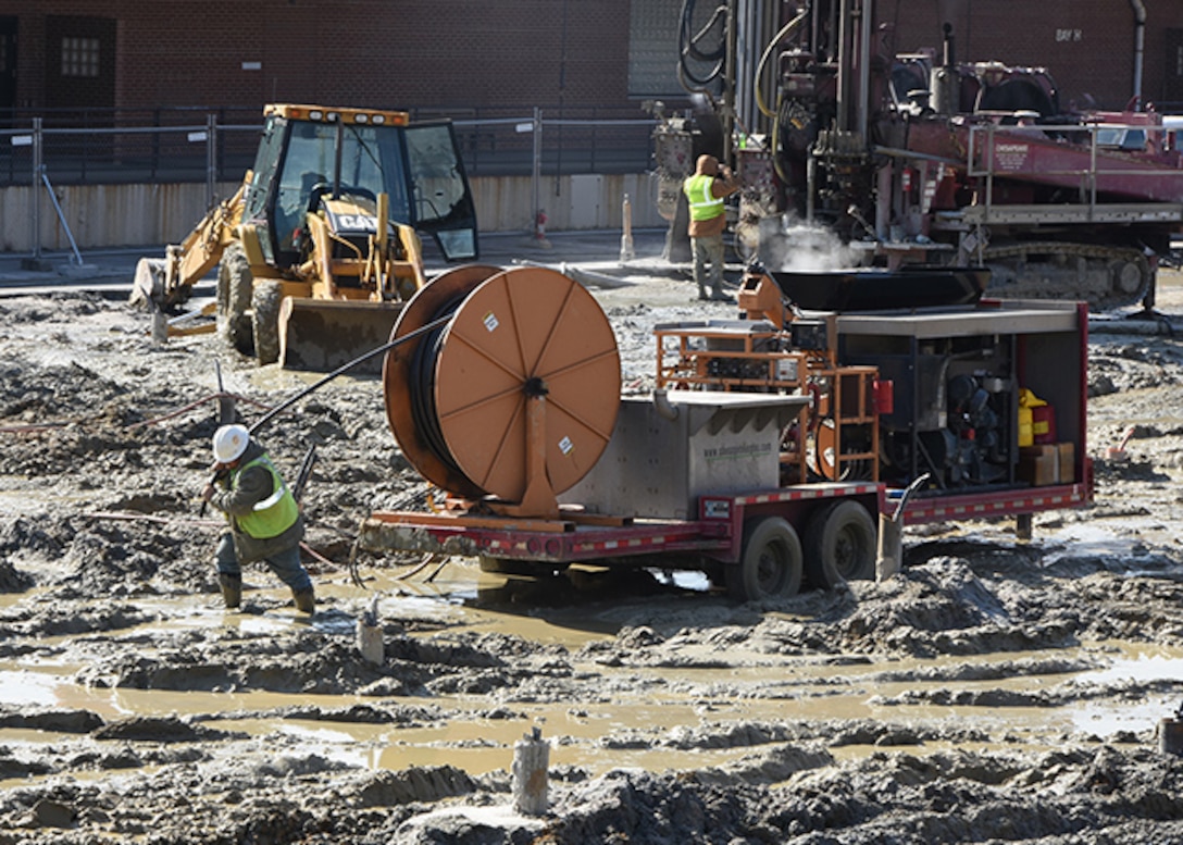 Contractors are installing 252 geothermal wells to heat and cool the new Defense Logistics Agency Aviation Operations Center Feb. 17, 2016. The first phase of the three-phased, five-story, 252,000 square-feet building is scheduled for occupancy in late 2018 or early 2019. 