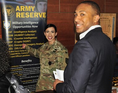 BOWIE, Md. - Soldiers of the Military Intelligence Readiness Command (MIRC)
partner with the Bulldog Battalion, Army Reserve Officers Training Corps at
Bowie State University on 31 March during a celebration of the ROTC 100th
Anniversary to help highlight the benefits of military intelligence
training, operational leadership experiences and various unit assignments.
