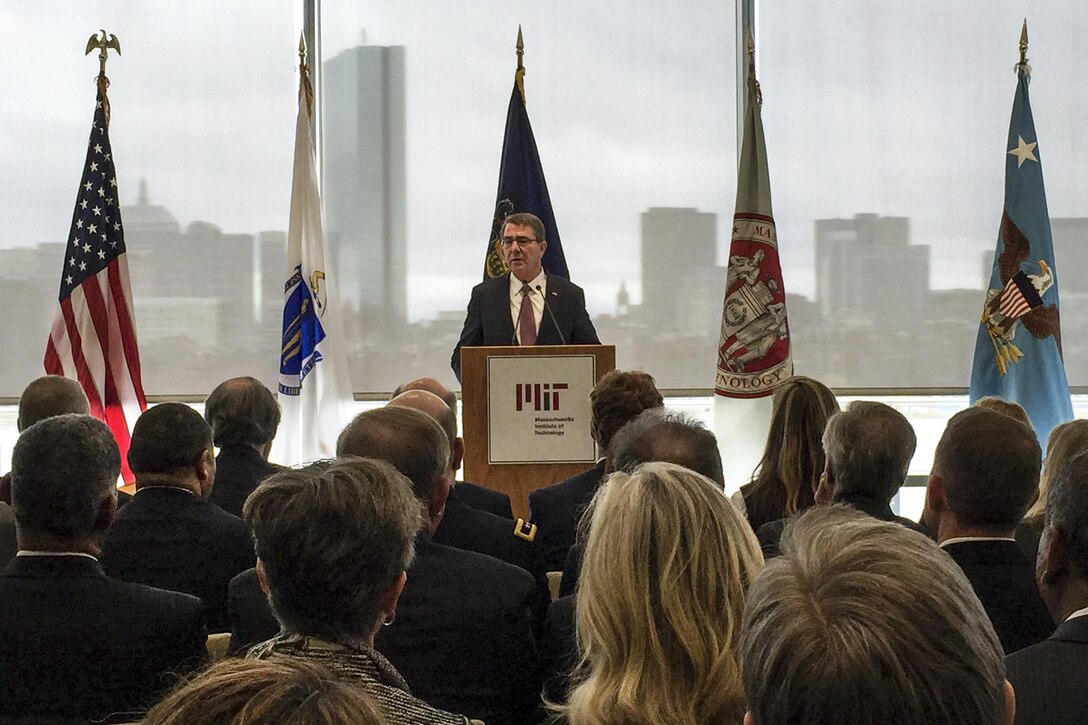 Defense Secretary Ash Carter announces that the Defense Department will partner with Advanced Functional Fabrics of America to establish a new manufacturing innovation institute while speaking at the Massachusetts Institute of Technology in Cambridge, Mass., April 1, 2016. DoD photo by Tiffany Miller