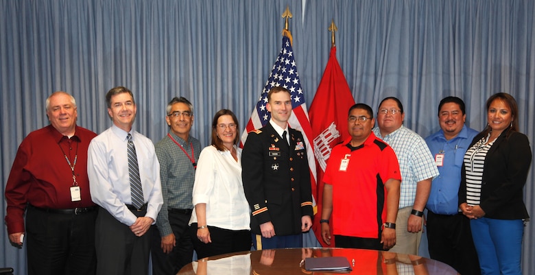 ALBUQUERQUE, N.M. – (l-r): Ron Kneebone, outreach coordinator with the Corps’Tribal Nations Technical Center of Expertise; Mike Goodrich, chief of the District’s Planning, Projects and Program Management Division; Jerry Nieto, chief of the District’s Civil Project Management Branch; Corinne O’Hara, landscape architect; Lt. Col. Patrick Dagon, Albuquerque District Commander; Zia Governor Jerome Lucero; Lt. Governor Carl Schildt; Robert Medina, Zia Pueblo general counsel; Genevieve McGeisey, director of Zia Pueblo’s Department of Environmental Resources.