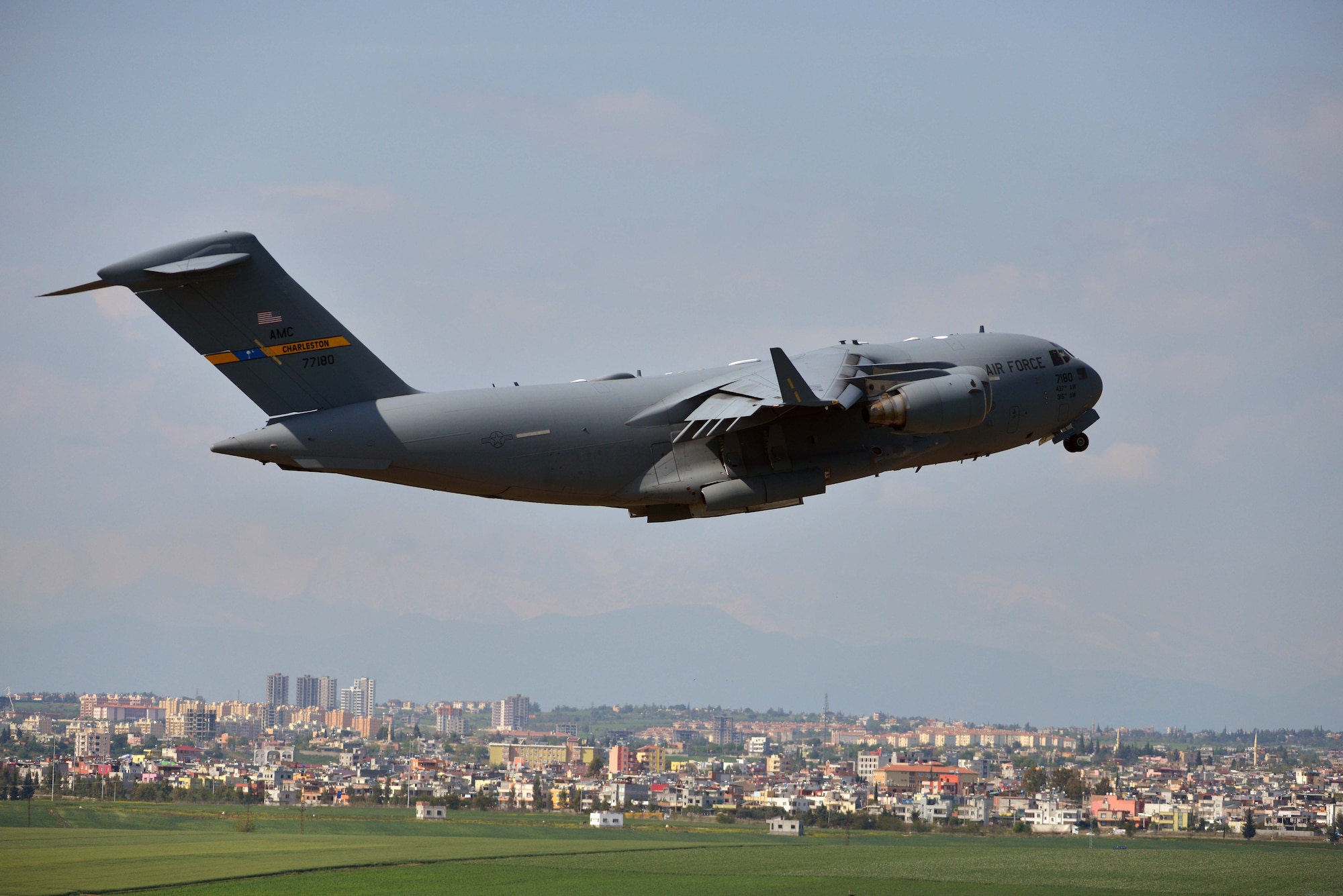 A C-17 Globemaster III takes off from Incirlik Air Base, Turkey, March 30, 2016. On March 29, 2016, the secretary of defense, in coordination with the secretary of state, ordered the departure of all Defense Department dependents assigned to Incirlik AB. (U.S. Air Force photo/Senior Airman John Nieves Camacho)