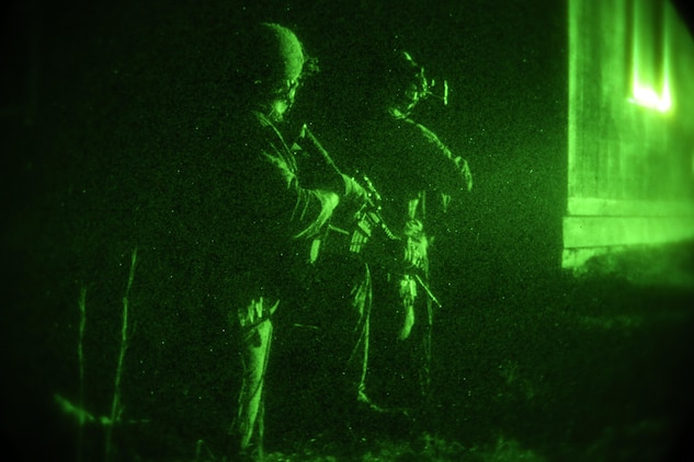 Marines Raiders from Company F, 2d Marine Raider Battalion, led a simulated partner nation force on a night raid during a Company Collective Exercise in Fort Jackson, S.C., Feb. 28, 2016.