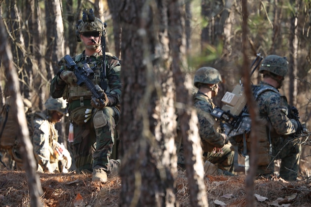 Marines Raiders from Company F, 2d Marine Raider Battalion, led a simulated partner nation force on ground combat patrolling tactics, techniques and procedures during a Company Collective Exercise in Fort Jackson, S.C., Feb. 28, 2016.