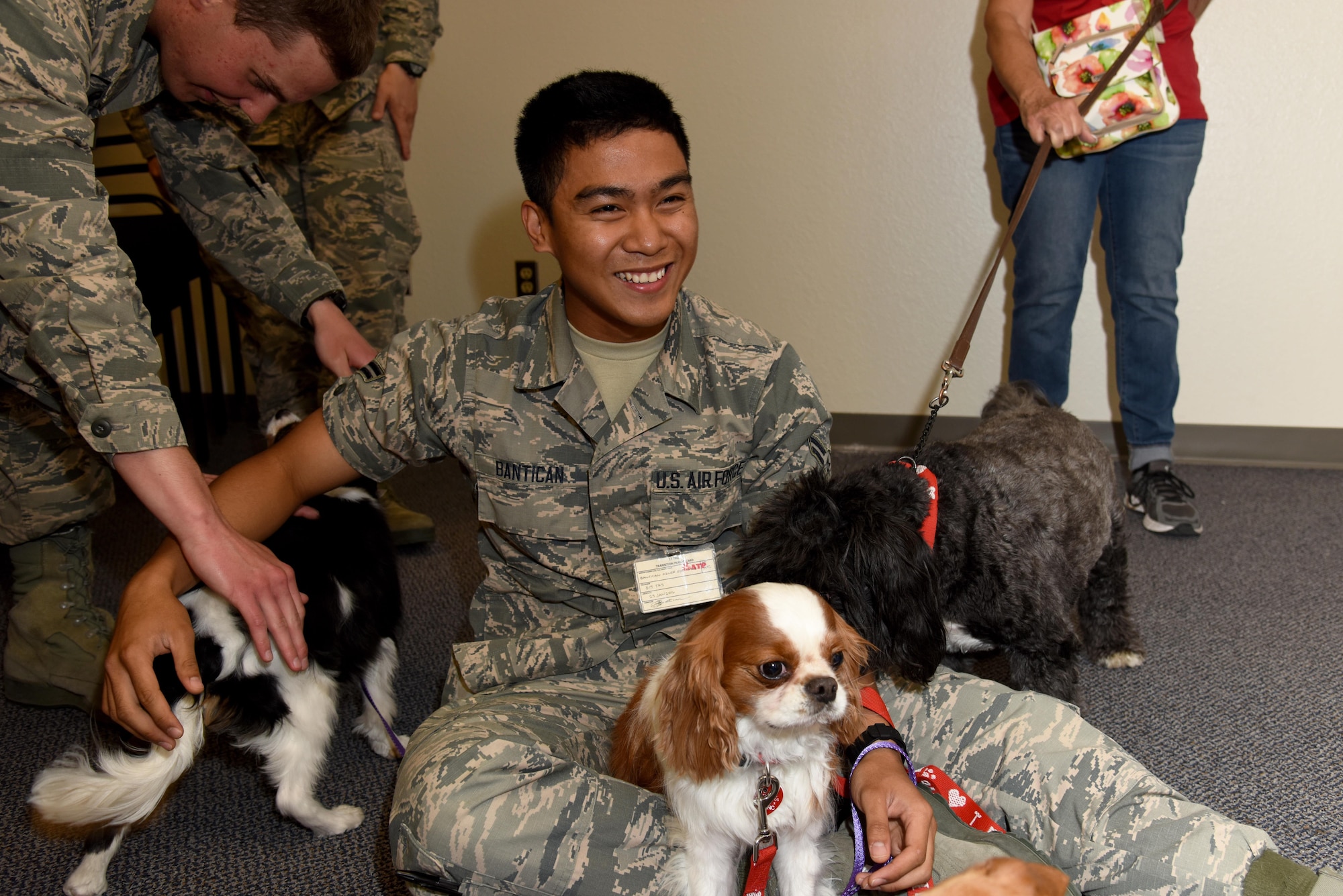 U.S. Air Force Airman 1st Class Azner Bantican, 315th Training Squadron student, plays with several dogs during a therapy dog day at the 315th TRS on Goodfellow Air Force Base, Texas, March 30, 2016. The Concho Kennel Club of San Angelo brought the dogs on base to help students deal with daily stressors. (U.S. Air Force photo by Senior Airman Joshua Edwards/Released)