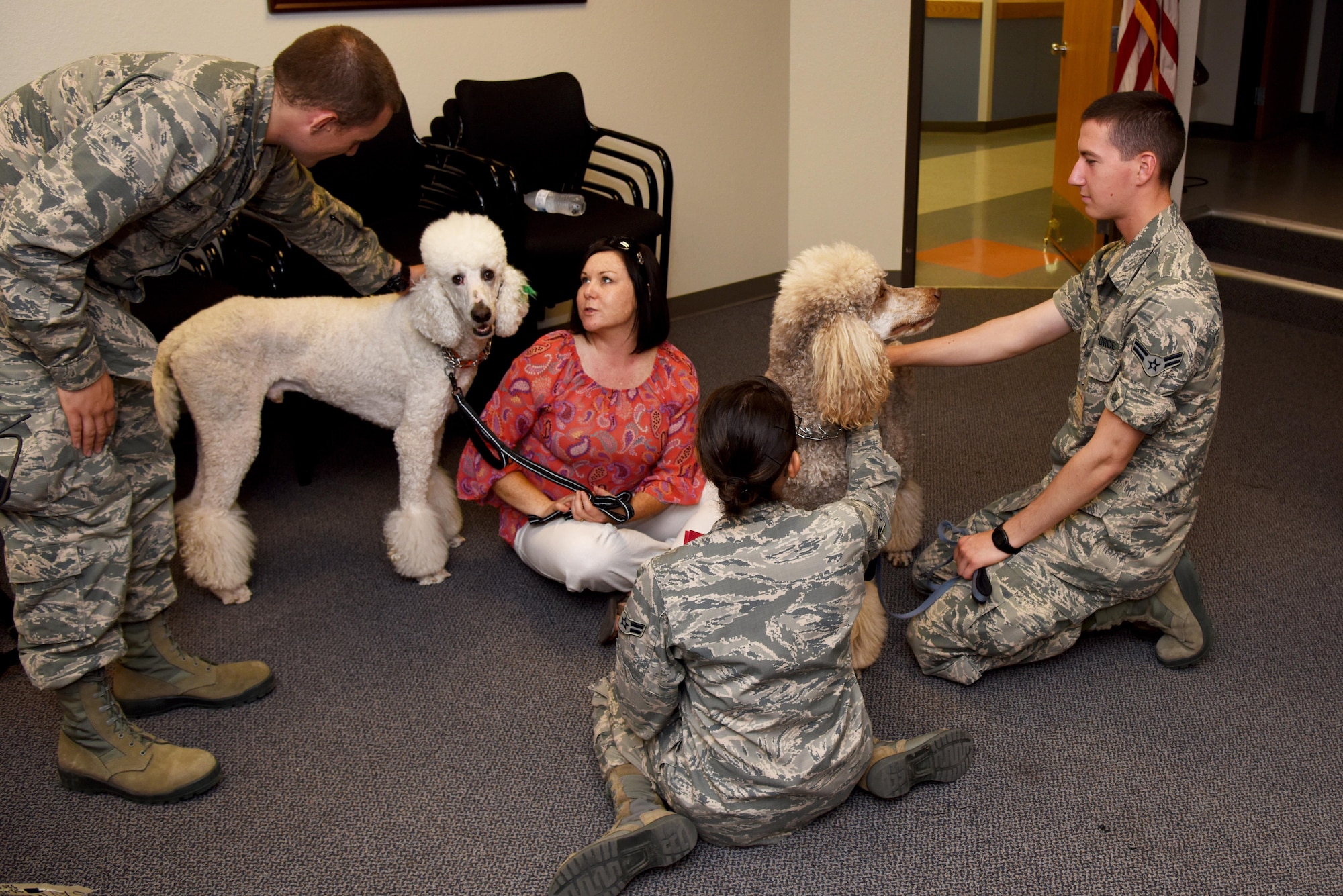 U.S. Air Force Airmen pet poodles during a therapy dog day at the 315th Training Squadron on Goodfellow Air Force Base, Texas, March 30, 2016. According to the Association of American Medical College, therapy dogs can reduce anxiety and loneliness in individuals. The Concho Kennel Club of San Angelo brought the dogs on base to help students deal with daily stressors. (U.S. Air Force photo by Senior Airman Joshua Edwards/Released)
