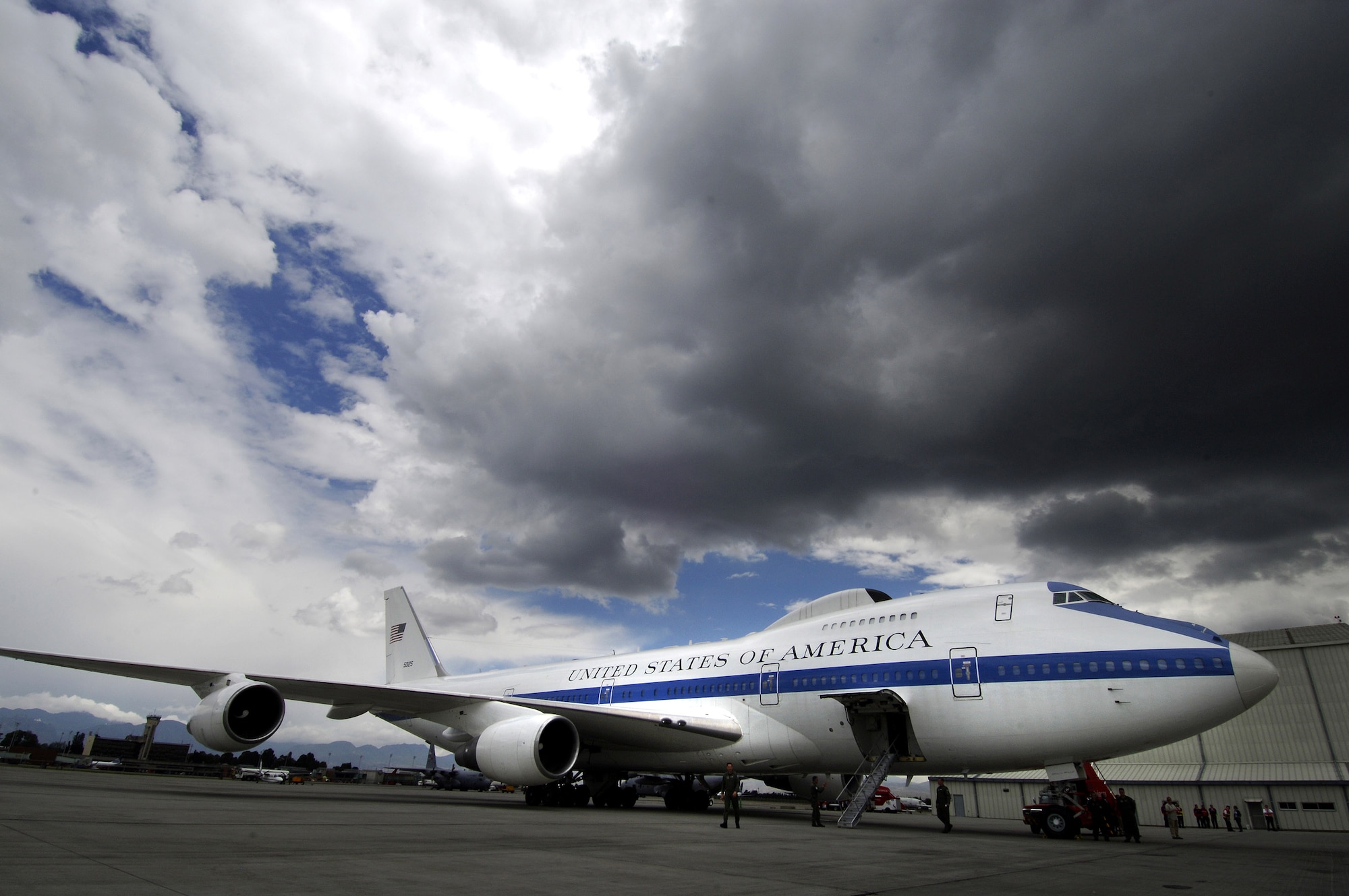 An Air Force E-4B National Airborne Operations Center aircraft sits at the international airport in Bogota, Colombia, Oct. 3, 2007, waiting for Defense Secretary Robert M. Gates. (U.S. Air Force photo/Tech. Sgt. Jerry Morrison)