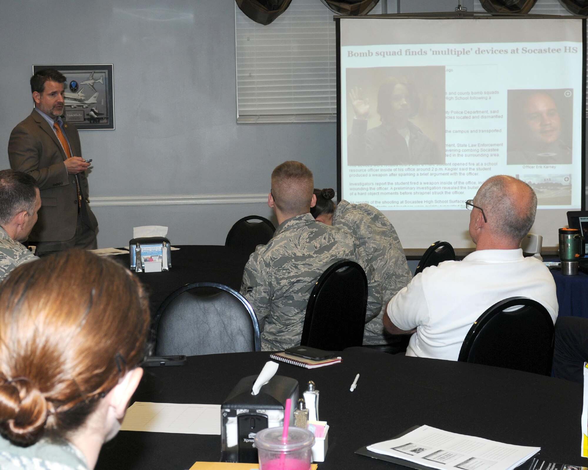 Special Agent Chris Cheatham, FBI, speaks to attendees of the Active Shooter Executive Law Enforcement Conference March 24 at the Columbus Club on Columbus Air Force Base, Mississippi. The two-day class taught both military and local law enforcement and emergency responder executives the best practices and aspects of an active shooter and mass shooting situation. (U.S. Air Force photo/Elizabeth Owens)