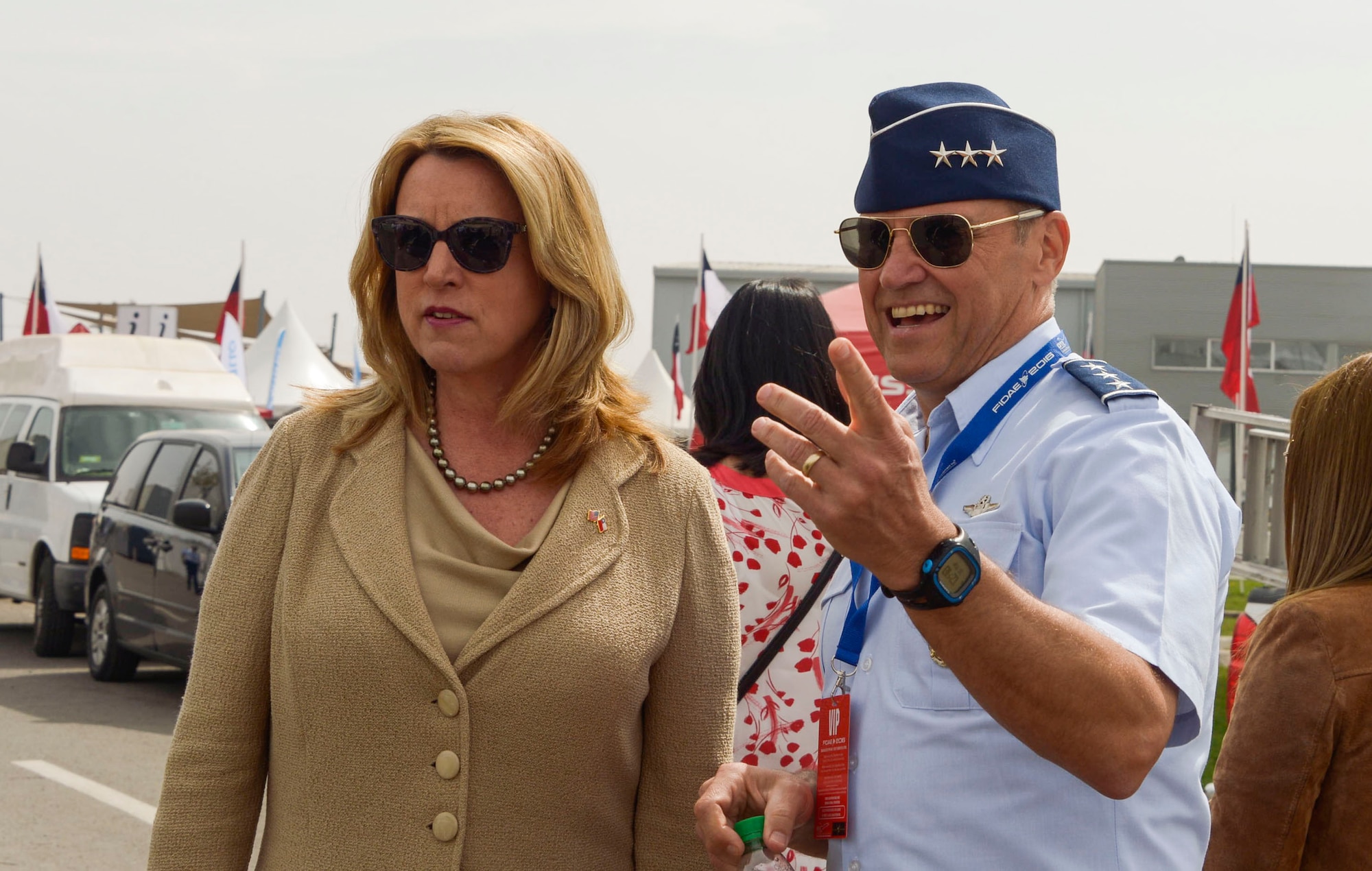 Deborah Lee James, Secretary of the Air Force, and U.S. Air Force Lt. Gen. Chris Nowland, 12th Air Force (Air Forces Southern) commander, visit the F-22 Raptor static display during the 2016 FIDAE Air and Space Trade Show in Santiago, Chile, March 29, 2016. During the FIDAE Air and Space Trade Show, U.S. Airmen participated in in several subject matter expert exchanges with their Chilean counterparts and also hosted static displays and aerial demonstrations to support the air show.  (U.S. Air Force photo by Tech. Sgt. Heather Redman/Released)