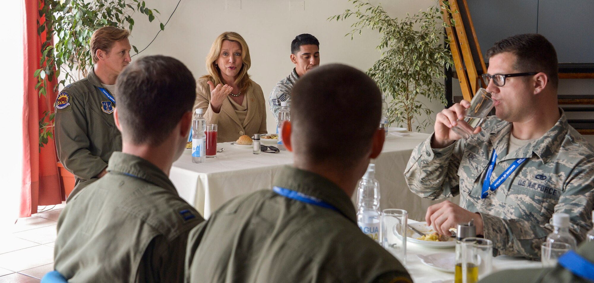 Deborah Lee James, Secretary of the Air Force, answers questions during a lunch time meet and greet with the U.S. Airmen participating in the 2016 FIDAE Air and Space Trade Show in Santiago, Chile, March 29, 2016. During the FIDAE Air and Space Trade Show, U.S. Airmen participated in in several subject matter expert exchanges with their Chilean counterparts and also hosted static displays and aerial demonstrations to support the air show.  (U.S. Air Force photo by Tech. Sgt. Heather Redman/Released)