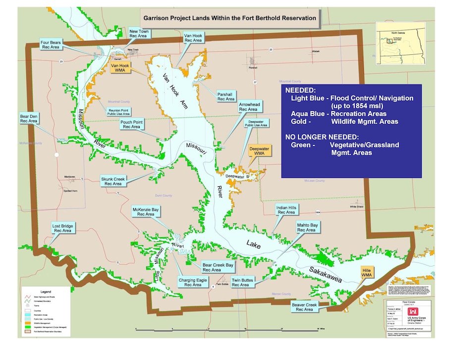 This map depicts lands still needed by the Garrison Project; in light blue, below 1,854 mean sea level elevation; in aqua blue, designated recreation areas; in gold, designated for wildlife management areas; and in green, lands for no longer needed for the construction, maintenance and operation of the Garrison Project that may undergo a jurisdictional transfer to the Department of the Interior to be held in trust for the Three Affiliated Tribes (Mandan, Hidatsa, Arikara Nation).