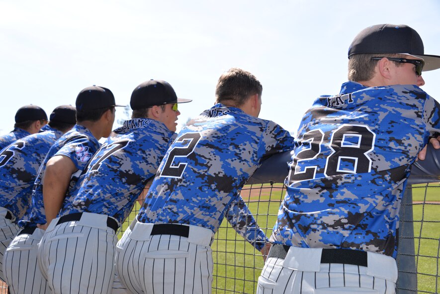 Members of the U.S. Air Force Academy baseball team stand at the top of the dugout March 24 at Dobbins Stadium in Davis, Calif. 