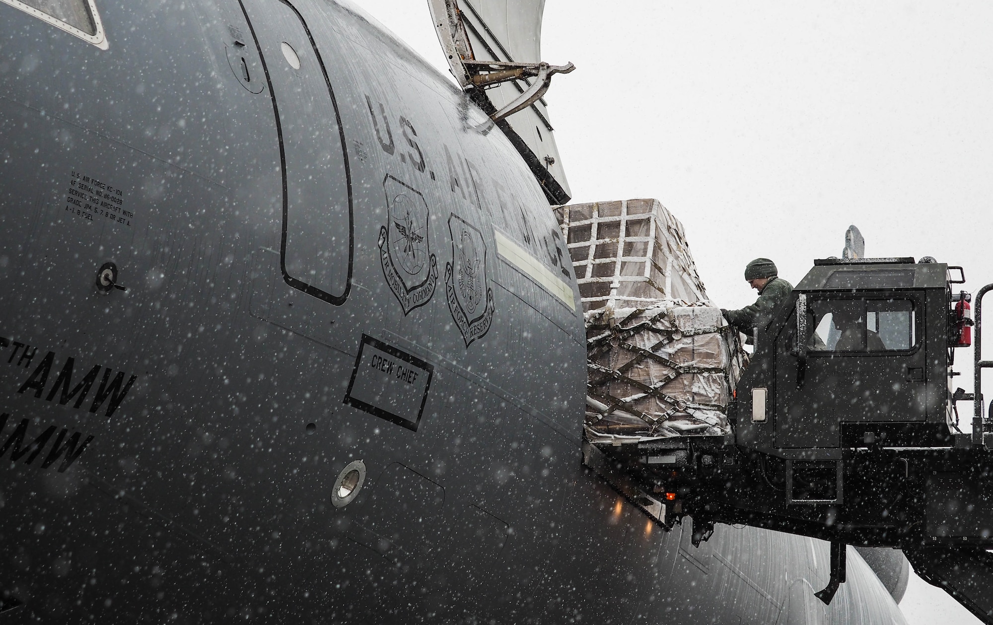 Donated food items bound for Afghanistan are loaded on to a KC-10 or transport to Afghanistan. (Air Force Photo/Paul Zadach)
