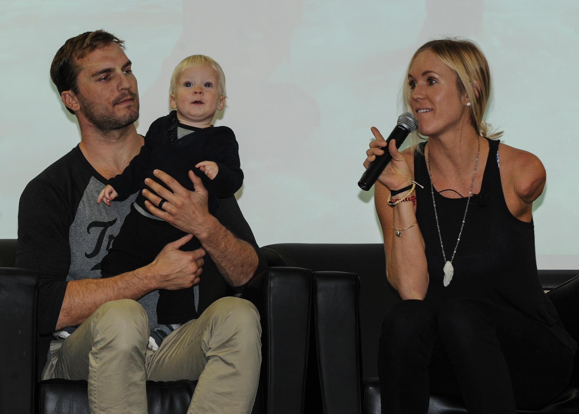 Professional surfer Bethany Hamilton and her husband Adam participate in a question and answer session at Ellsworth Air Force Base, S.D., March 31, 2016. At the age of 13, Hamilton lost her left arm to a 14-foot tiger shark while surfing and since then has used the incident to inspire others to always have faith and never give up. (U.S. Air Force photo by Airman 1st Class Denise M. Nevins/Released)