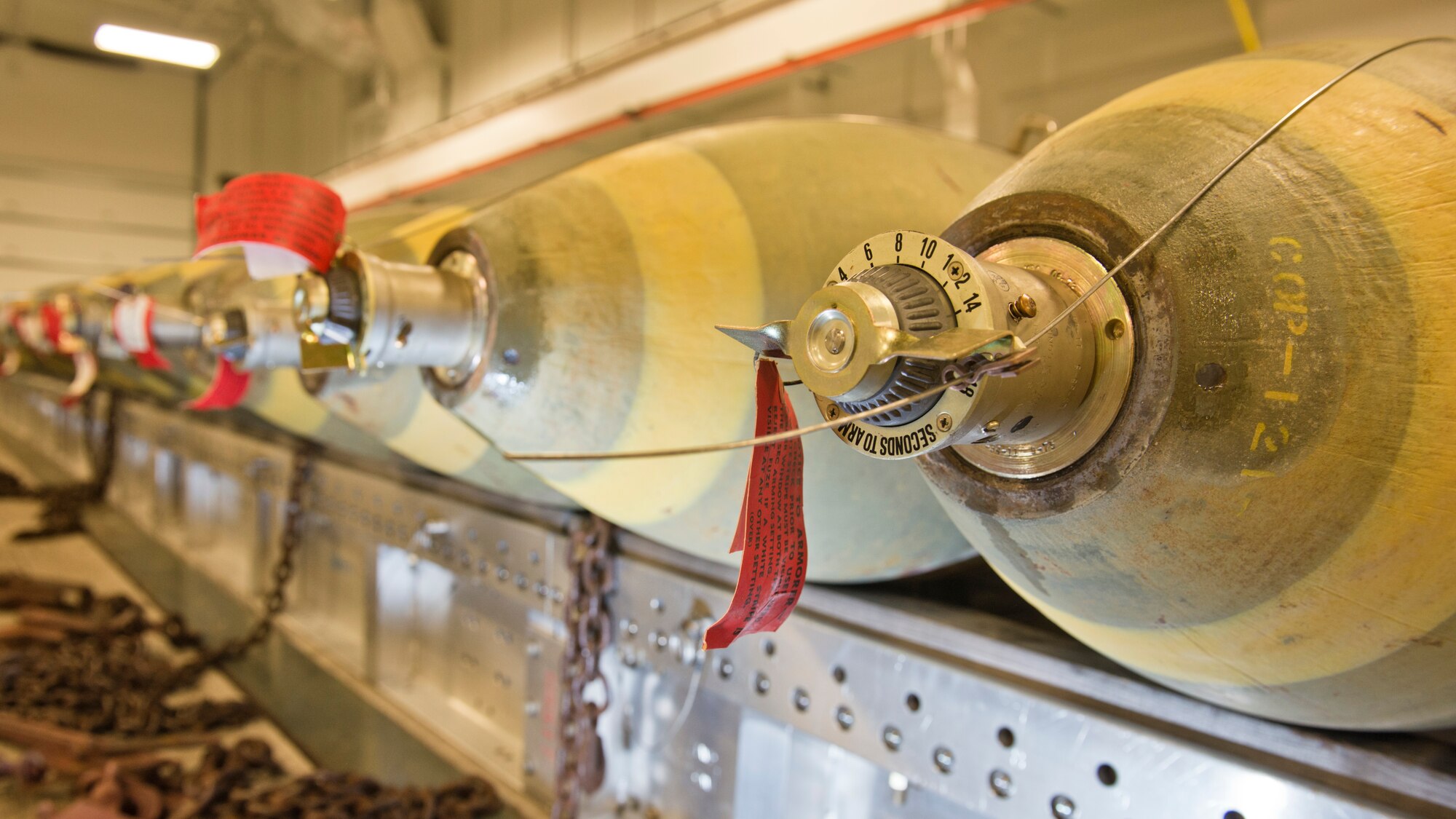 Airmen from the 5th Munitions Squadron assemble Minot Air Force Base’s remaining supply of M117 bombs at Minot AFB, N.D., March 22, 2016. The M117 is an air-dropped 750 lb. general purpose bomb that was used extensively with the B-52 during the Vietnam War.  The B-52 is the only airframe that can carry the M117.  Minot’s last M117 was dropped March 30. (U.S. Air Force photos/Airman 1st Class J.T. Armstrong)
