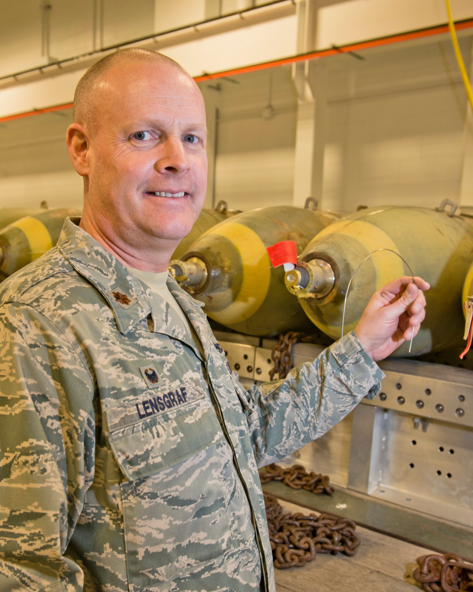 Airmen from the 5th Munitions Squadron assemble Minot Air Force Base’s remaining supply of M117 bombs at Minot AFB, N.D., March 22, 2016. The M117 is an air-dropped 750 lb. general purpose bomb that was used extensively with the B-52 during the Vietnam War.  The B-52 is the only airframe that can carry the M117.  Minot’s last M117 was dropped March 30. (U.S. Air Force photos/Airman 1st Class J.T. Armstrong)
