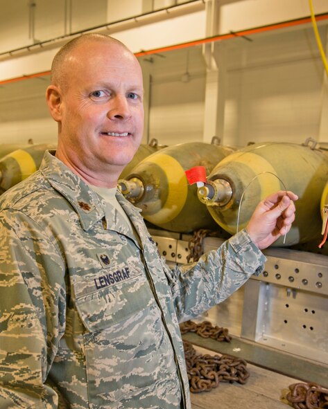 Airmen from the 5th Munitions Squadron assemble Minot Air Force Base’s remaining supply of M117 bombs at Minot AFB, N.D., March 22, 2016. The M117 is an air-dropped 750 lb. general purpose bomb that was used extensively with the B-52 during the Vietnam War.  The B-52 is the only airframe that can carry the M117.  Minot’s last M117 was dropped March 30. (U.S. Air Force photos/Airman 1st Class J.T. Armstrong)