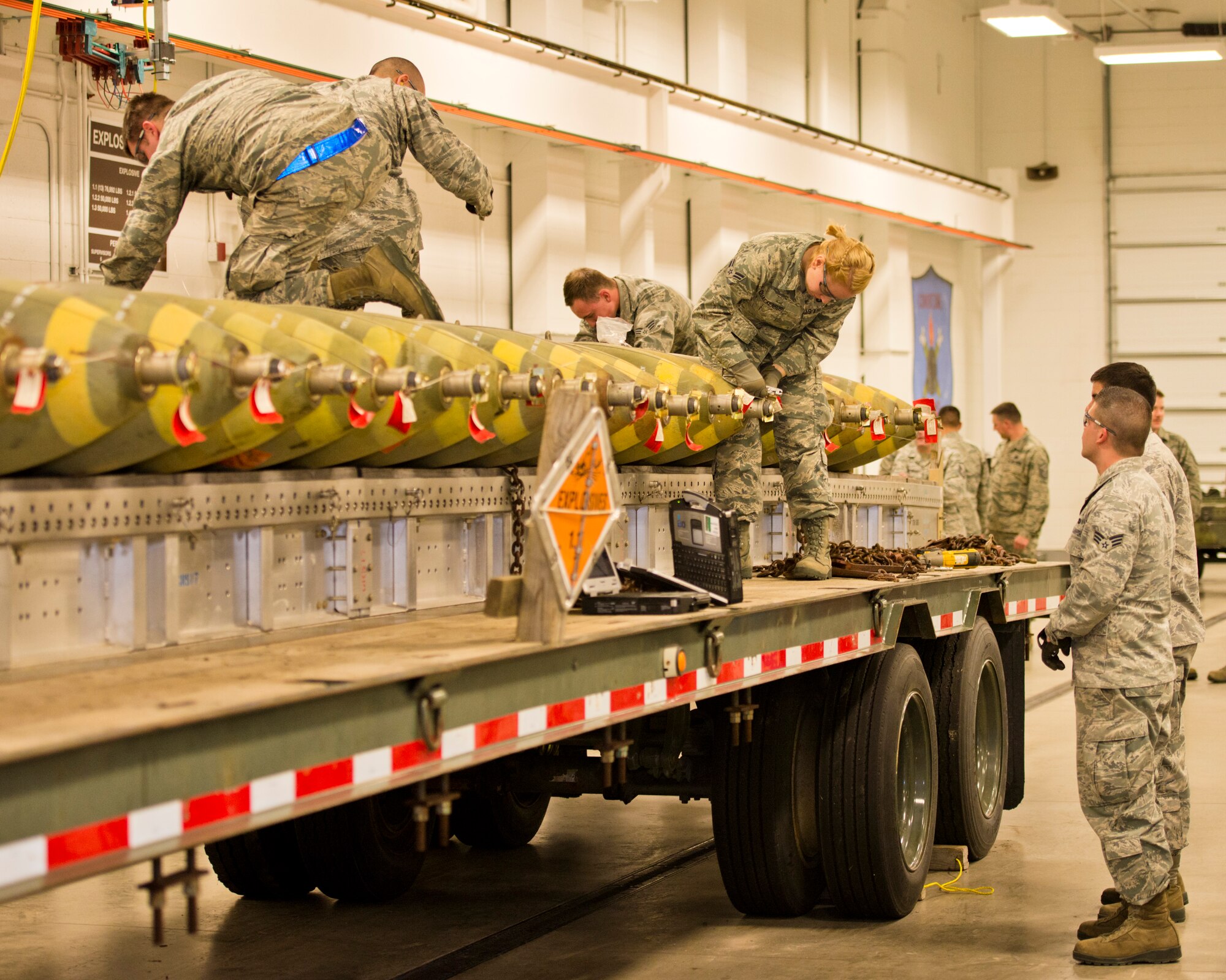 Airmen from the 5th Munitions Squadron assemble Minot Air Force Base’s remaining supply of M117 bombs at Minot AFB, N.D., March 22, 2016. The M117 is an air-dropped 750 lb. general purpose bomb that was used extensively with the B-52 during the Vietnam War.  The B-52 is the only airframe that can carry the M117.  Minot’s last M117 was dropped March 30. (U.S. Air Force photos/Airman 1st Class J.T. Armstrong)