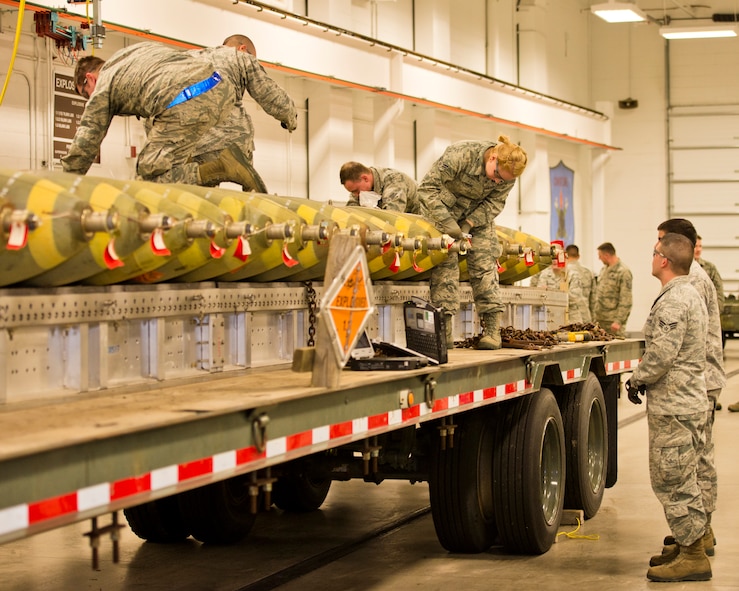Airmen from the 5th Munitions Squadron assemble Minot Air Force Base’s remaining supply of M117 bombs at Minot AFB, N.D., March 22, 2016. The M117 is an air-dropped 750 lb. general purpose bomb that was used extensively with the B-52 during the Vietnam War.  The B-52 is the only airframe that can carry the M117.  Minot’s last M117 was dropped March 30. (U.S. Air Force photos/Airman 1st Class J.T. Armstrong)