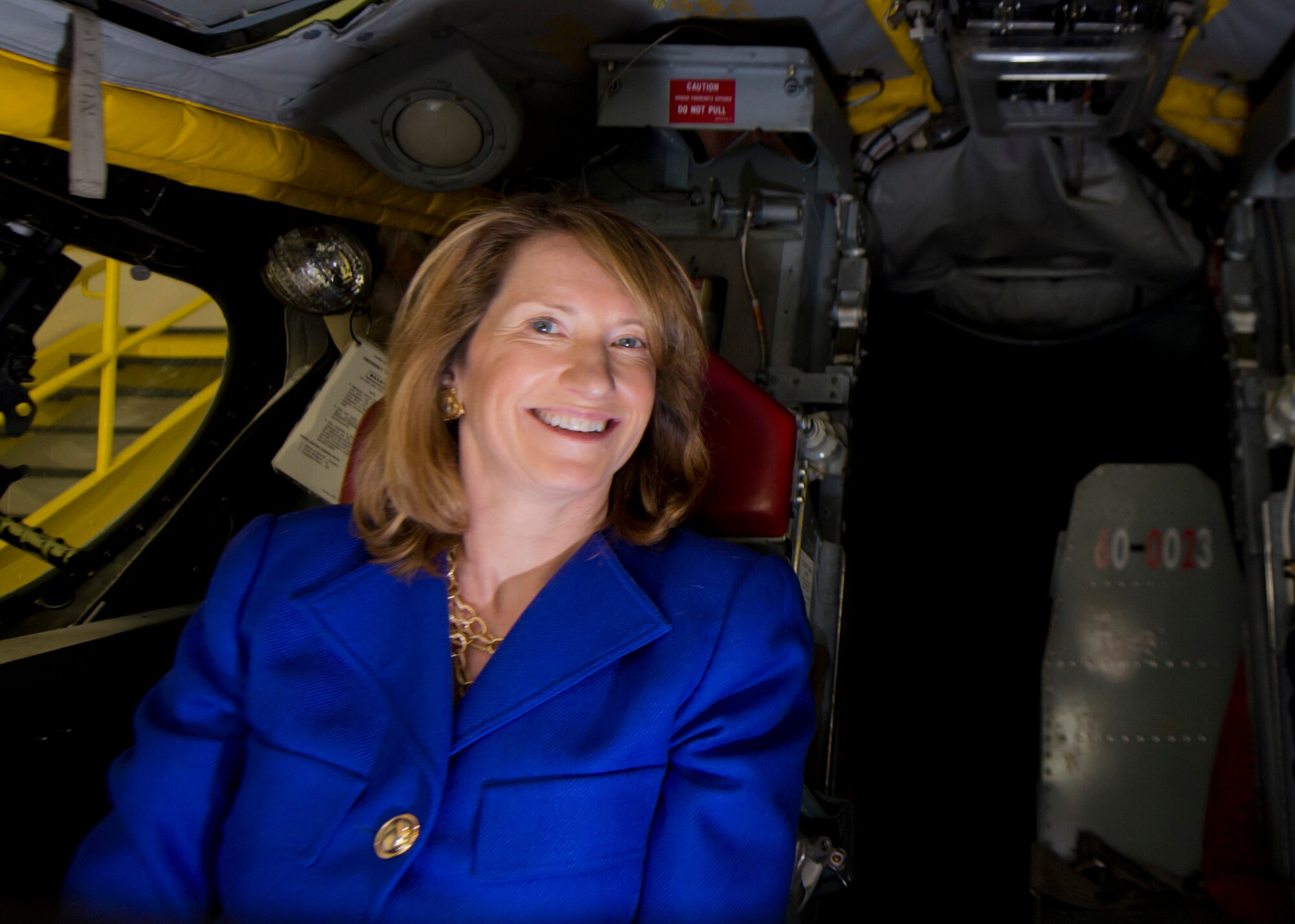 The honorable Lisa Disbrow, undersecretary of the Air Force, sits in the cockpit of a B-52H Stratofortress at Minot Air Force Base, N.D., March 29, 2016. Disbrow and Lt. Gen. Jack Weinstein’s, deputy chief of staff for strategic deterrence and nuclear integration, visit included the 54th Helicopter Squadron, a Missile Alert Facility, Tactical Response Force and concluded at Dock 8. (U.S. Air Force photo/Airman 1st Class J.T. Armstrong)