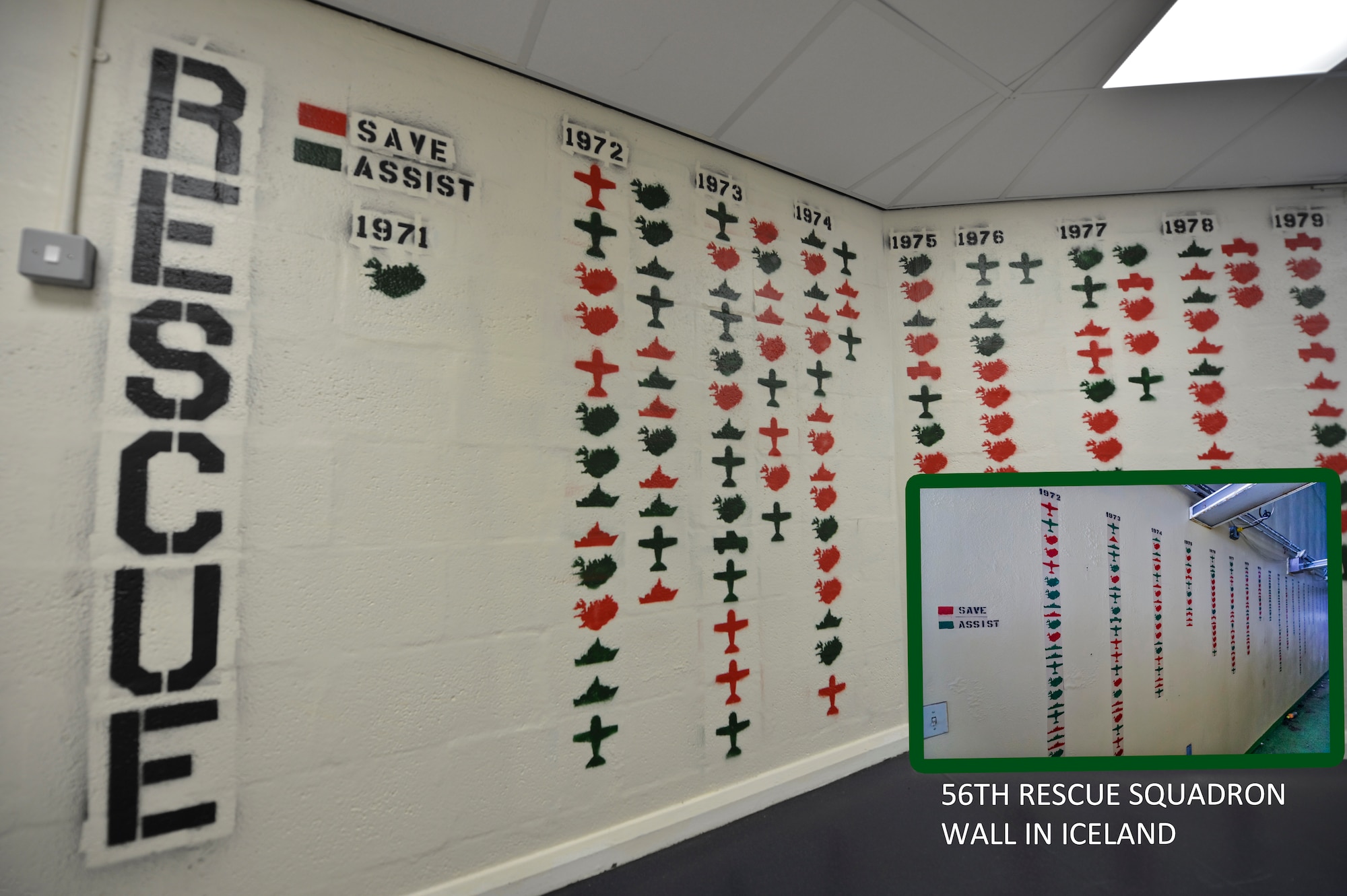 A newly-painted rescue wall was created at the 56th Rescue Squadron operations building at Royal Air Force Lakenheath, England, March, 16, 2016. The wall documents the squadron’s achievements since 1971, and was painted to resemble the squadron’s previous wall in Iceland. (U.S. Air Force photo by Senior Airman Nigel Sandridge)