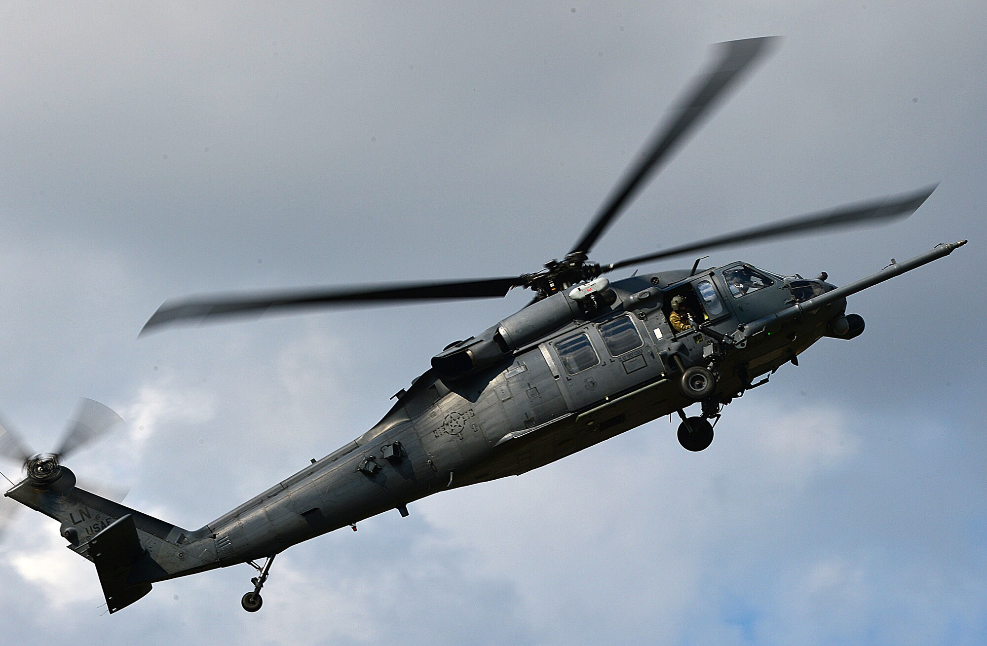 A 56th Rescue Squadron HH-60G Pave Hawk prepares to land at Royal Air Force Lakenheath, England, March 31, 2016. The 56th RQS conducted surge operations during the month of March and flew more sorties than they had in the past 30 months. The training went toward maintaining the wing’s ‘Forward, Ready, Now’ capabilities. (U.S. Air Force photo/Staff Sgt. Stephanie Longoria) 