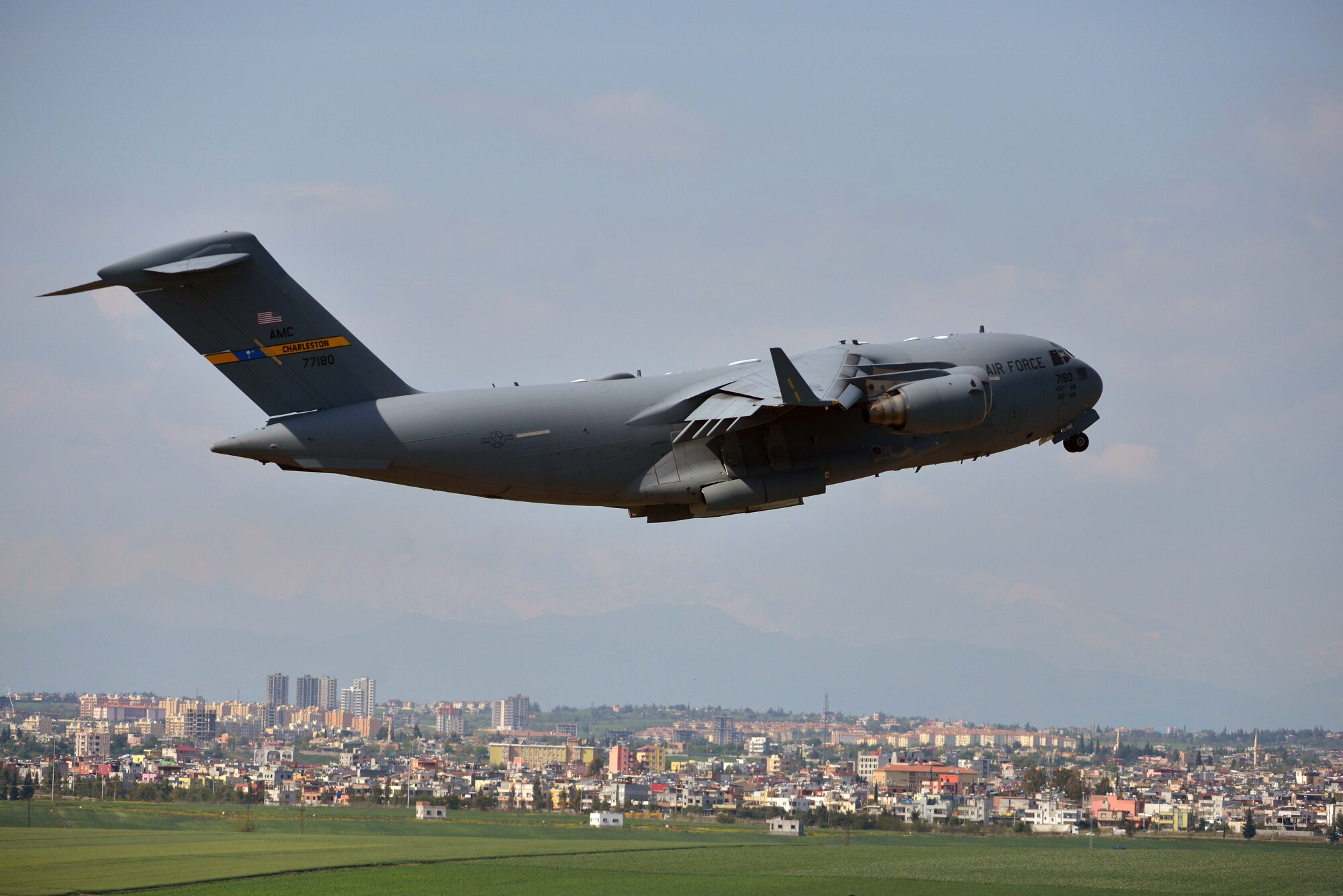 A C-17 Globemaster III takes off from Incirlik Air Base, Turkey, March 30, 2016. On March 29, 2016, the Secretary of Defense, in coordination with the Secretary of State, ordered the departure of all Department of Defense dependents assigned to Incirlik Air Base. (U.S. Air Force photo by Senior Airman John Nieves Camacho/Released)