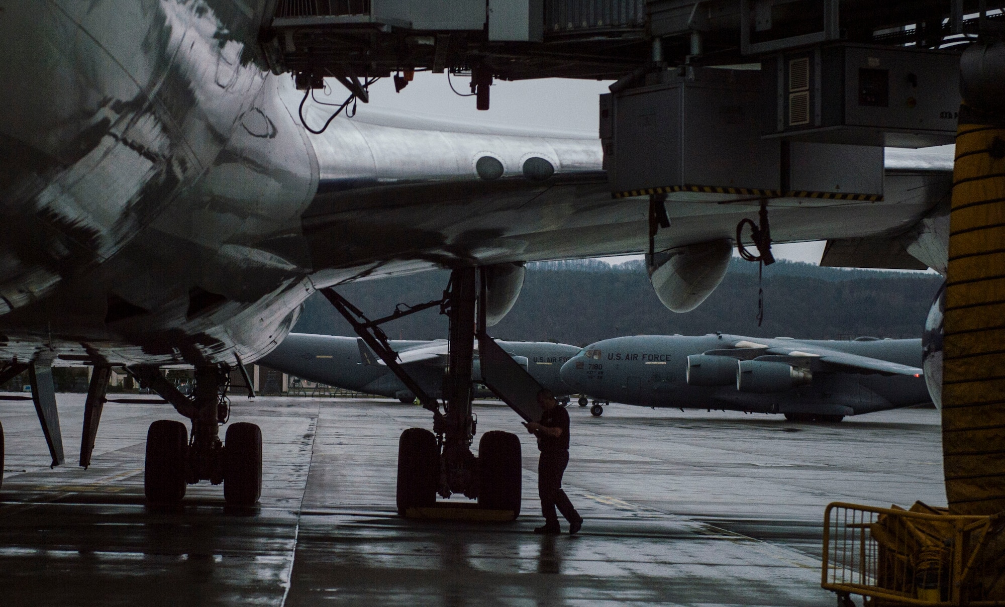 A C-17 Globemaster III carrying families, who were part of the initial departures from Turkey, taxis across the flightline at Ramstein Air Base, Germany, March 30, 2016. The decision for dependents to depart Turkey allows for the deliberate, safe return of family members from these areas due to continued security concerns in the region. (U.S. Air Force photo/Staff Sgt. Sara Keller)