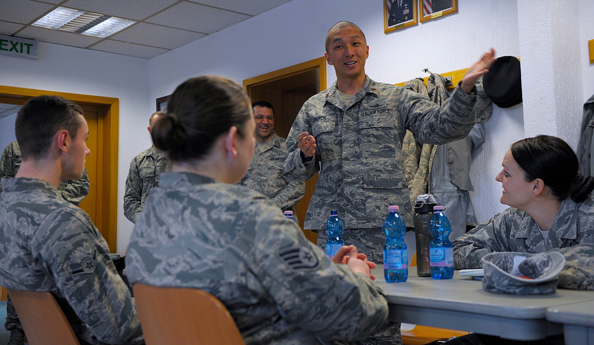 Maj. Brian Zajick, 9001st Air Reserve Squadron Air Force Academy air liaison officer, introduces himself during a speed mentoring session March 28, 2016, at Ramstein Air Base, Germany. Nearly 20 mentors introduced themselves before the sessions began to give mentees a better idea of the knowledge they could possibly gather. (U.S. Air Force photo/Staff Sgt. Timothy Moore)