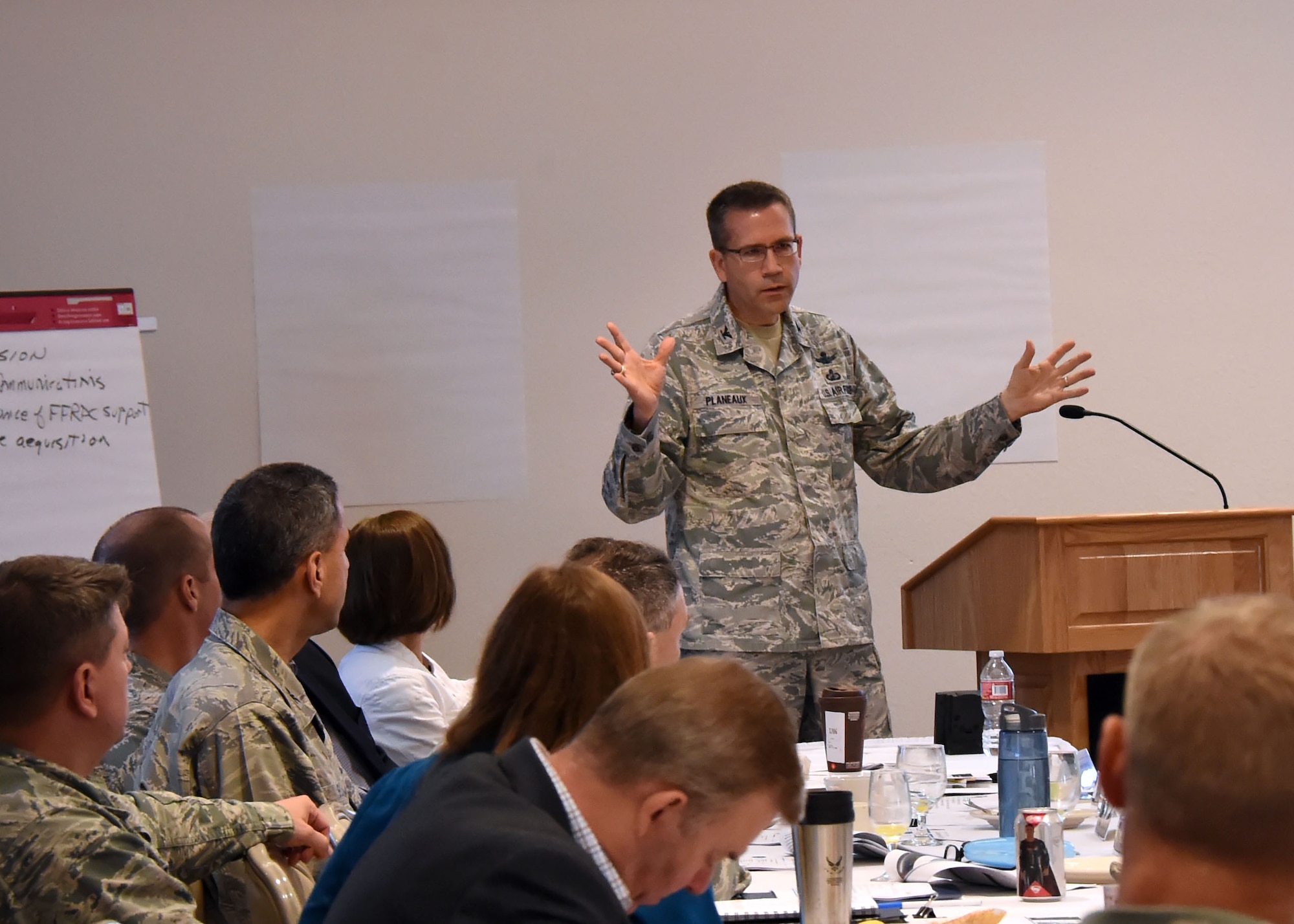 Col. James Planeaux, SMC Advanced Systems and Development Directorate, talks about SMC’s dynamic environment at the SMC Leadership Offsite, April 1. (U.S. Air Force photo/Sarah Corrice)