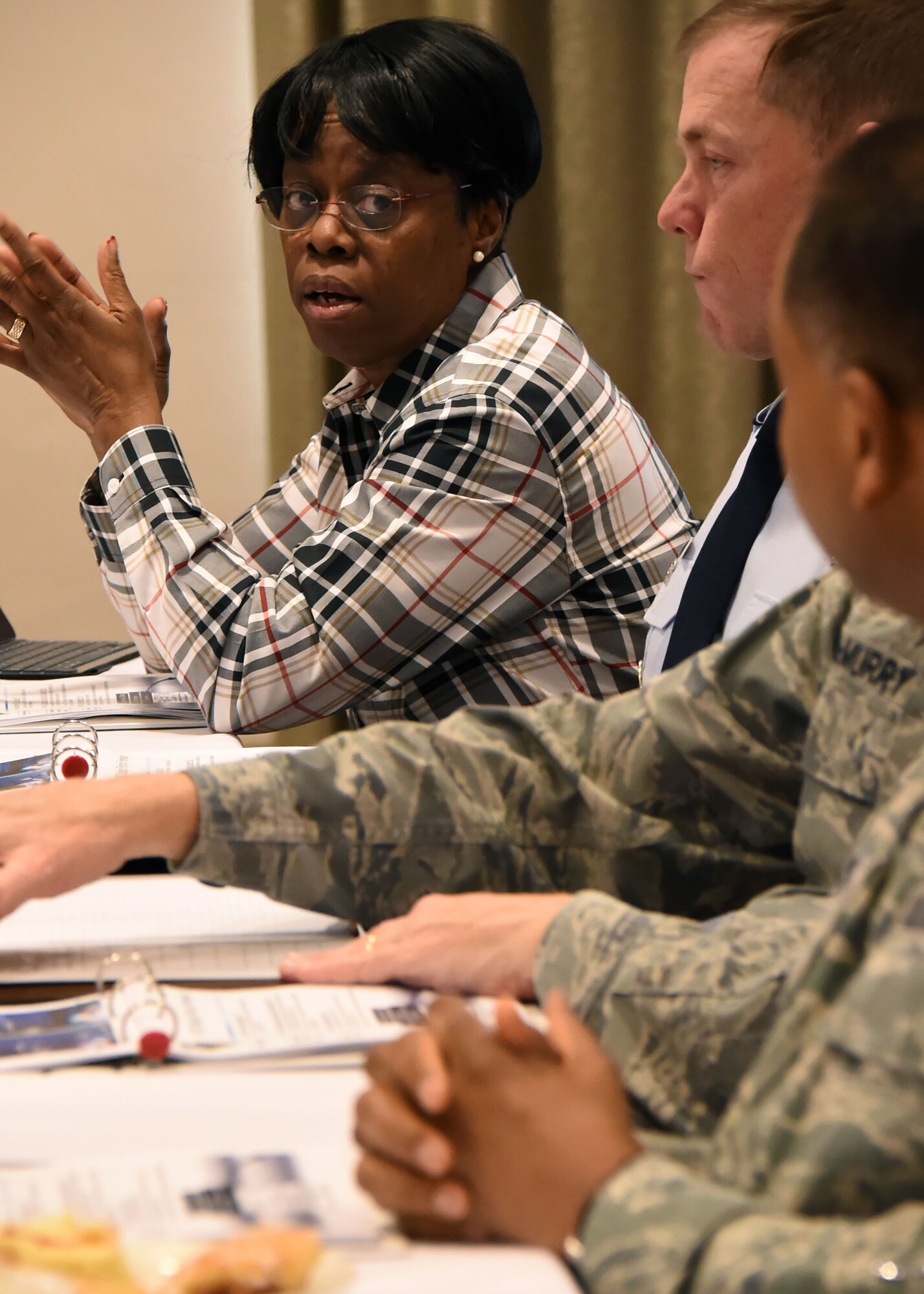 Dr. Wanda Austin, The Aerospace Corporation’s president and CEO, participates in the discussion at the SMC Leadership Offsite, April 1. (U.S. Air Force photo/Sarah Corrice)