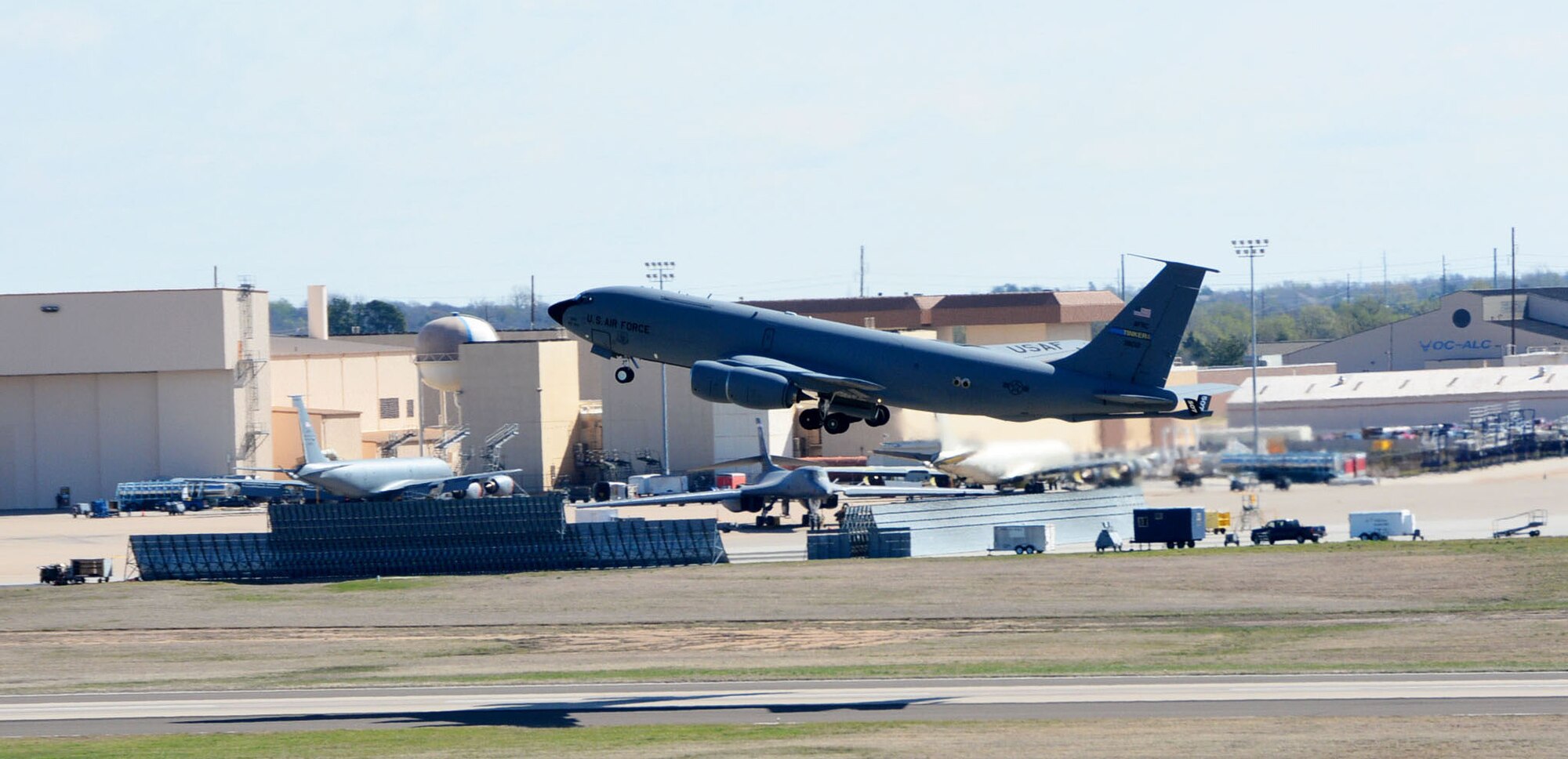 A 507th Air Refueling Wing KC-135 Stratotanker takes off for a training mission March 26 at Tinker Air Force Base. The 507th ARW operates eight Stratotankers and employs more than 1,100 Citizen Airmen from Oklahoma City and surrounding areas.  (Air Force photo by Tech. Sgt. Lauren Gleason/Released)