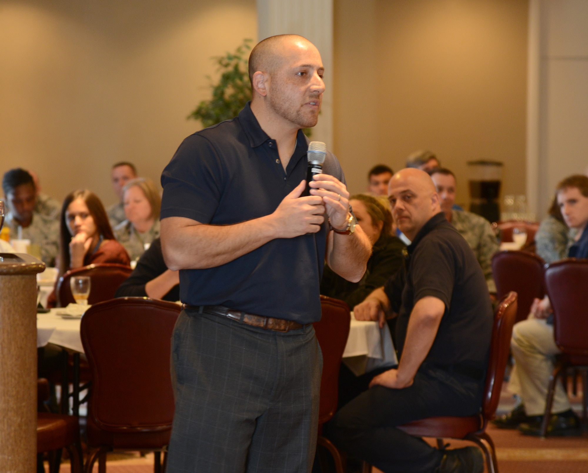 Kevin Hines, a mental health and suicide prevention advocate, was the guest speaker during the March 23 Resiliency Luncheon. Mr. Hines became an advocate, as well as an author and public speaker, after his suicide attempt in 2000 when he jumped from the Golden Gate Bridge.  (Air Force photo by Kelly White/Released)