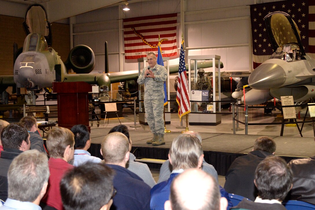 Col Scott R. Nowlin, Engineering & Technical Management, Ogden Air Logistics deputy director, speaks to attendees during the recent 13th Annual Team Hill Science, Technology, and Technical Management Awards Ceremony at the Hill Aerospace Museum. (Air Force photo by Todd Cromar) 