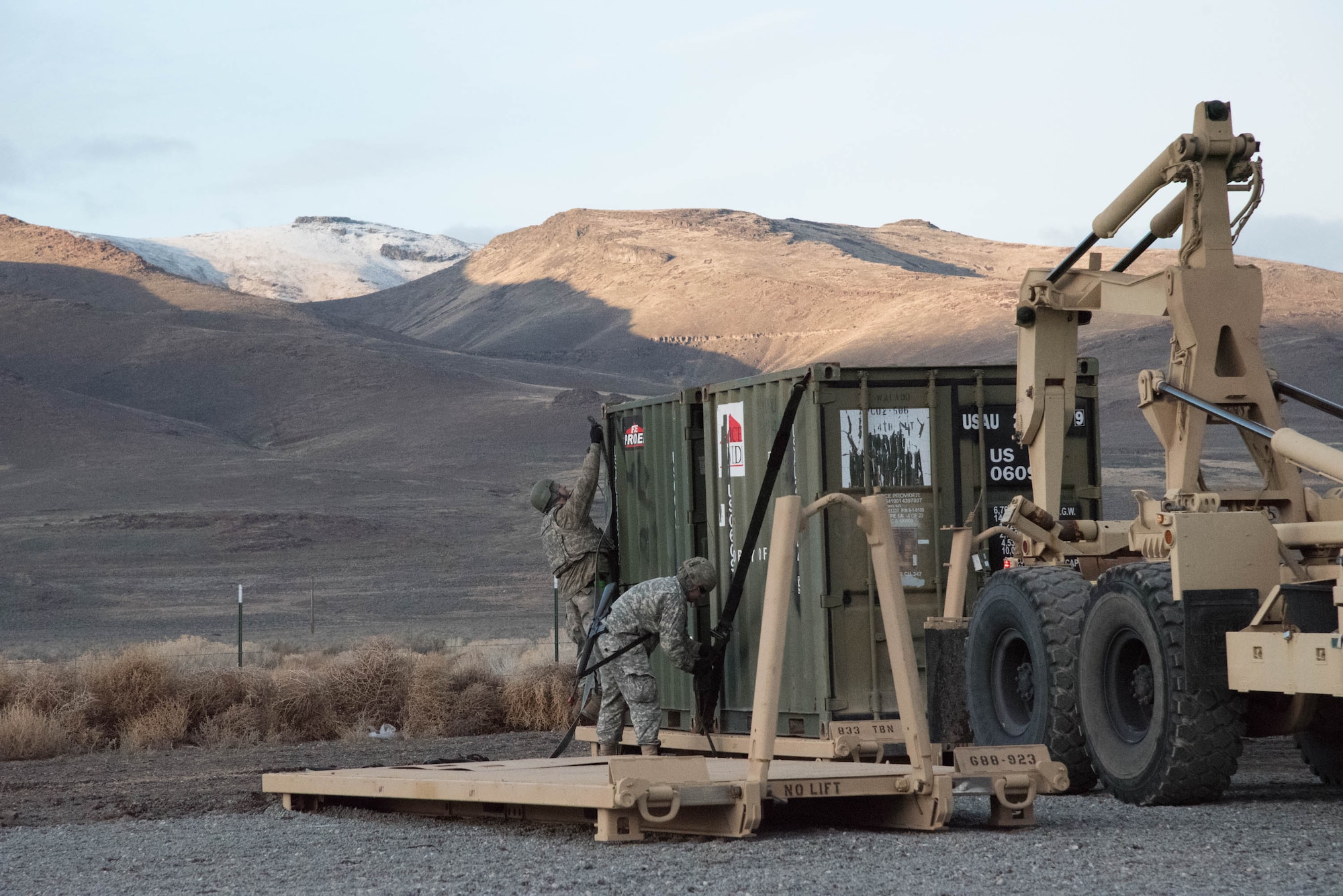Soldiers from the U.S. Army’s 688th Rapid Port Opening Element secure equipment for transport to the forward node at Amedee Army Airfield, Calif., March 7, 2016. The 688th RPOE is working in conjunction with the Kentucky Air National Guard’s 123rd Contingency Response Group and a team from the Defense Logistics Agency to operate Joint Task Force-Port Opening Sangala during a week-long exercise called Operation Lumberjack. The objective of the JTF-PO is to establish an aerial port of debarkation, provide initial distribution capability and set up warehousing for distribution beyond a forward node. (Kentucky Air National Guard photo by 1st Lt. James Killen)