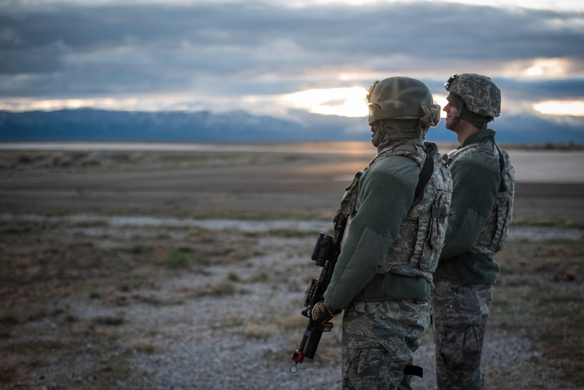 Airmen from the Kentucky Air National Guard’s 123rd Contingency Response Group keep watch over the flight line at Amedee Army Airfield, Calif., on March 7, 2016. The 123rd CRG is working in conjunction with the U.S. Army’s 688th Rapid Port Opening Element and a team from the Defense Logistics Agency to operate Joint Task Force-Port Opening Sangala during a week-long exercise called Operation Lumberjack. The objective of the JTF-PO is to establish an aerial port of debarkation, provide initial distribution capability and set up warehousing for distribution beyond a forward node. (Kentucky Air National Guard photo by Master Sgt. Phil Speck)