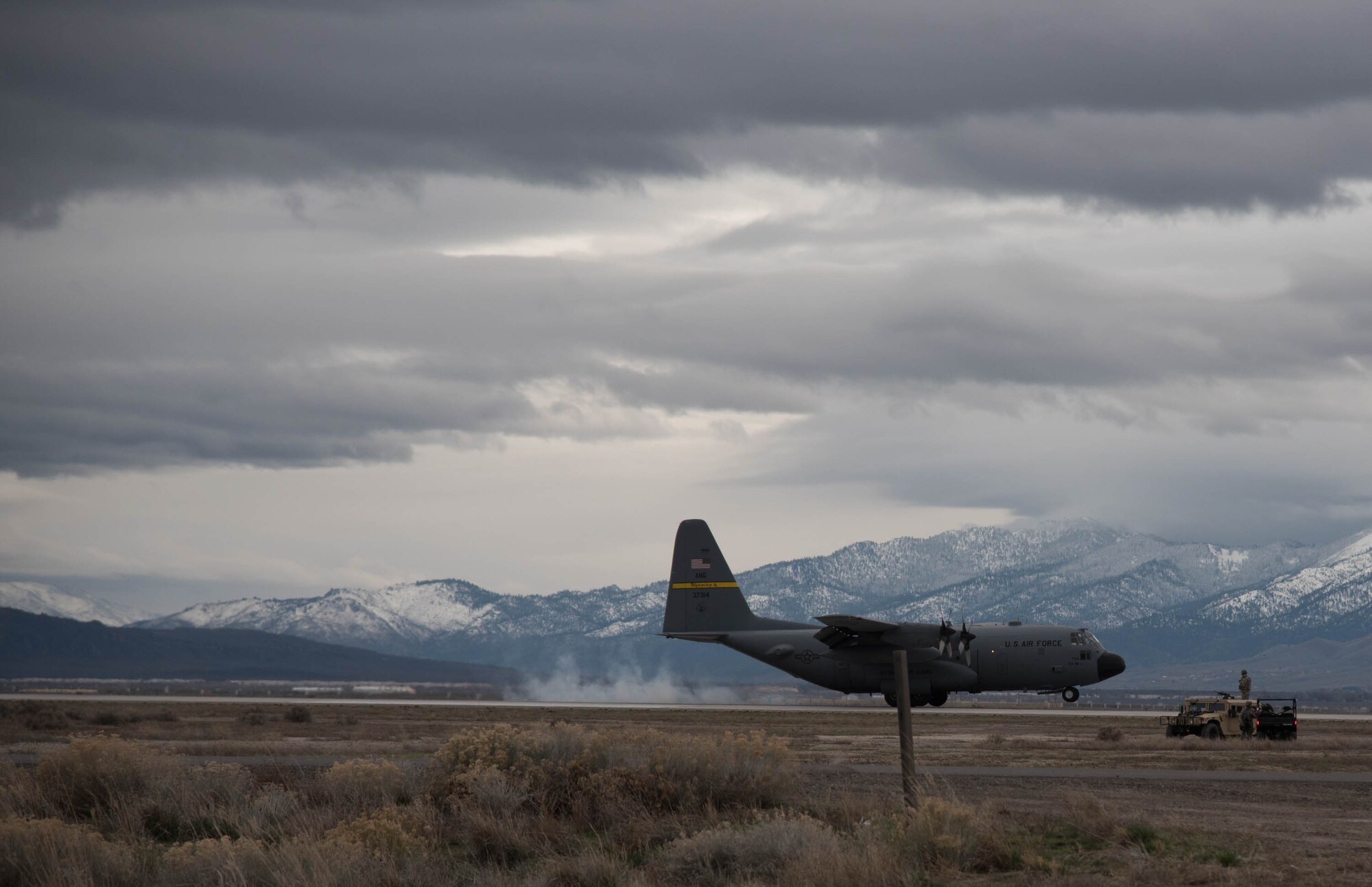 A Wyoming Air National Guard C-130 delivers cargo to Amedee Army Airfield, Calif., in support of Operation Lumberjack on March 8, 2016. The Kentucky Air National Guard’s 123rd Contingency Response Group is working in conjunction with the U.S. Army’s 688th Rapid Port Opening Element and a team from the Defense Logistics Agency to operate Joint Task Force-Port Opening Sangala during the week-long exercise. The objective of the JTF-PO is to establish an aerial port of debarkation, provide initial distribution capability and set up warehousing for distribution beyond a forward node. (Kentucky Air National Guard photo by 1st Lt. James Killen)