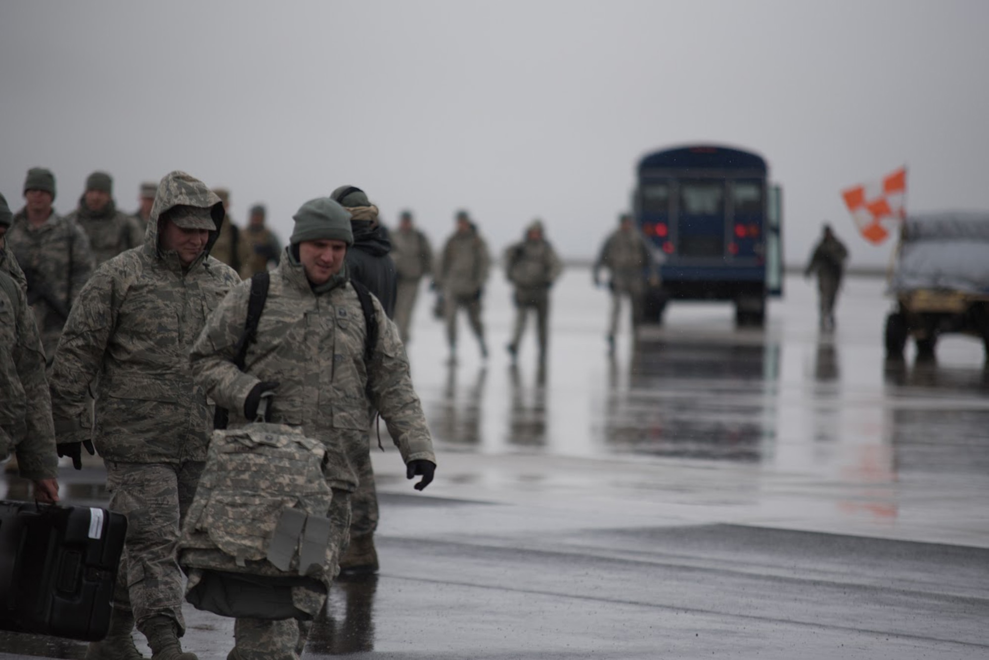 Airmen from the Kentucky Air National Guard’s 123rd Contingency Response Group arrive at Amedee Army Airfield, Calif., during Operation Lumberjack on March 7, 2016. The Kentucky Air National Guard’s 123rd CRG, the U.S. Army’s 688th Rapid Port Opening Element and a team from the Defense Logistics Agency are all participating in the week-long exercise. (Kentucky Air National Guard photo by Master Sgt. Phil Speck)