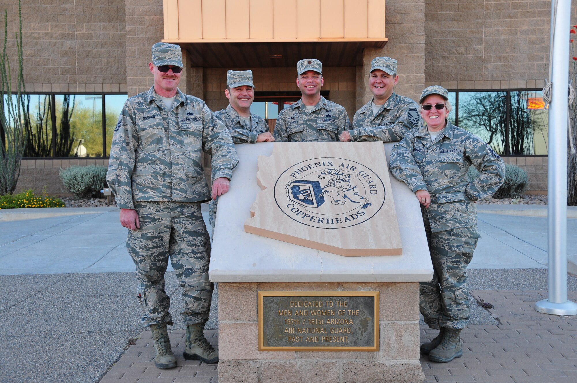 (From the left) Staff Sgt. John Milhoan, Master Sgt. Jay Taylor, Maj. Joshua French, Senior Master Sgt. Matthew Vanrossem and Master Sgt. Peggy Schmidt all had an integral part in assisting fellow Airmen from Eielson Air Force Base, Alaska, with a disabled aircraft in Wyoming. (U. S. Air National Guard photo by Master Sgt. Kelly M. Deitloff)