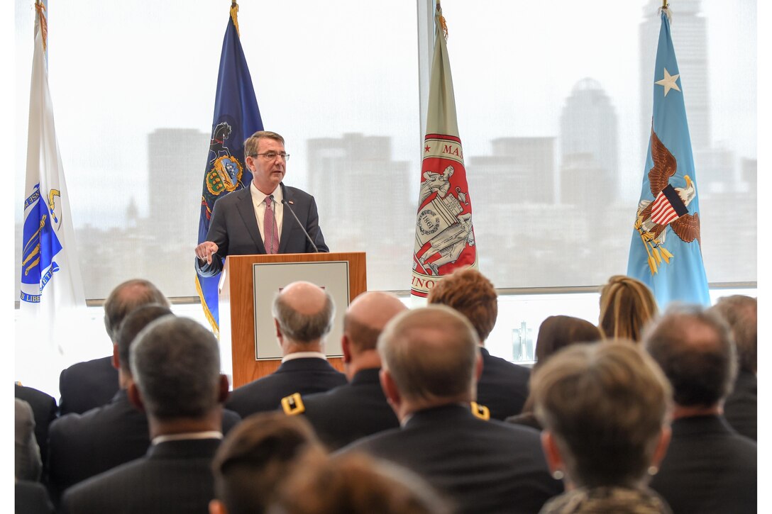 Defense Secretary Ash Carter announces the Defense Department will partner with Advanced Functional Fabrics of America to establish a new manufacturing innovation institute while speaking at the Massachusetts Institute of Technology in Cambridge, Mass., April 1, 2016. DoD photo by Army Sgt. 1st Class Clydell Kinchen