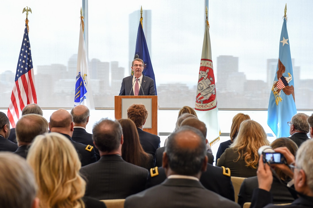 Defense Secretary Ash Carter announces the Defense Department will partner with Advanced Functional Fabrics of America to establish a new manufacturing innovation institute while speaking at the Massachusetts Institute of Technology in Cambridge, Mass., April 1, 2016. DoD photo by Army Sgt 1st Class Clydell Kinchen