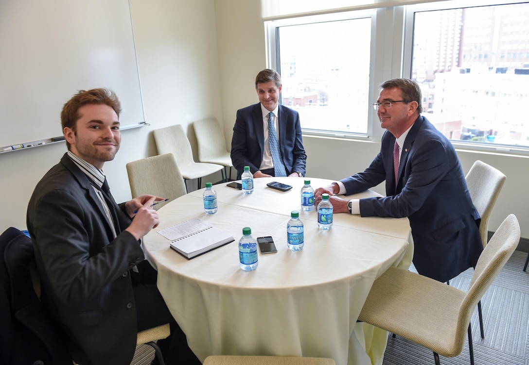 Defense Secretary Ash Carter, right, along with Pentagon Press Secretary Peter Cook, center, meet with Mr. Robert Hackett to conduct an interview for Fortune Magazine, April 1, 2016. DoD photo by  Army Sgt. 1st Class Clydell Kinchen