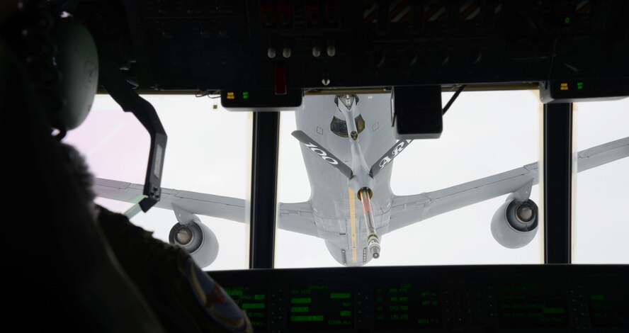 A RAF Mildenhall, England MC-130J Commando II receives fuel from a KC-135 Stratotanker March 24, 2016. The KC-135, assigned to the 351st Air Refueling Squadron, provided fuel for the MC-130J during a mission that illustrated the tactical proficiency of the aircrew and the aircraft. (U.S. Air Force photo by Senior Airman Justine Rho/Released)