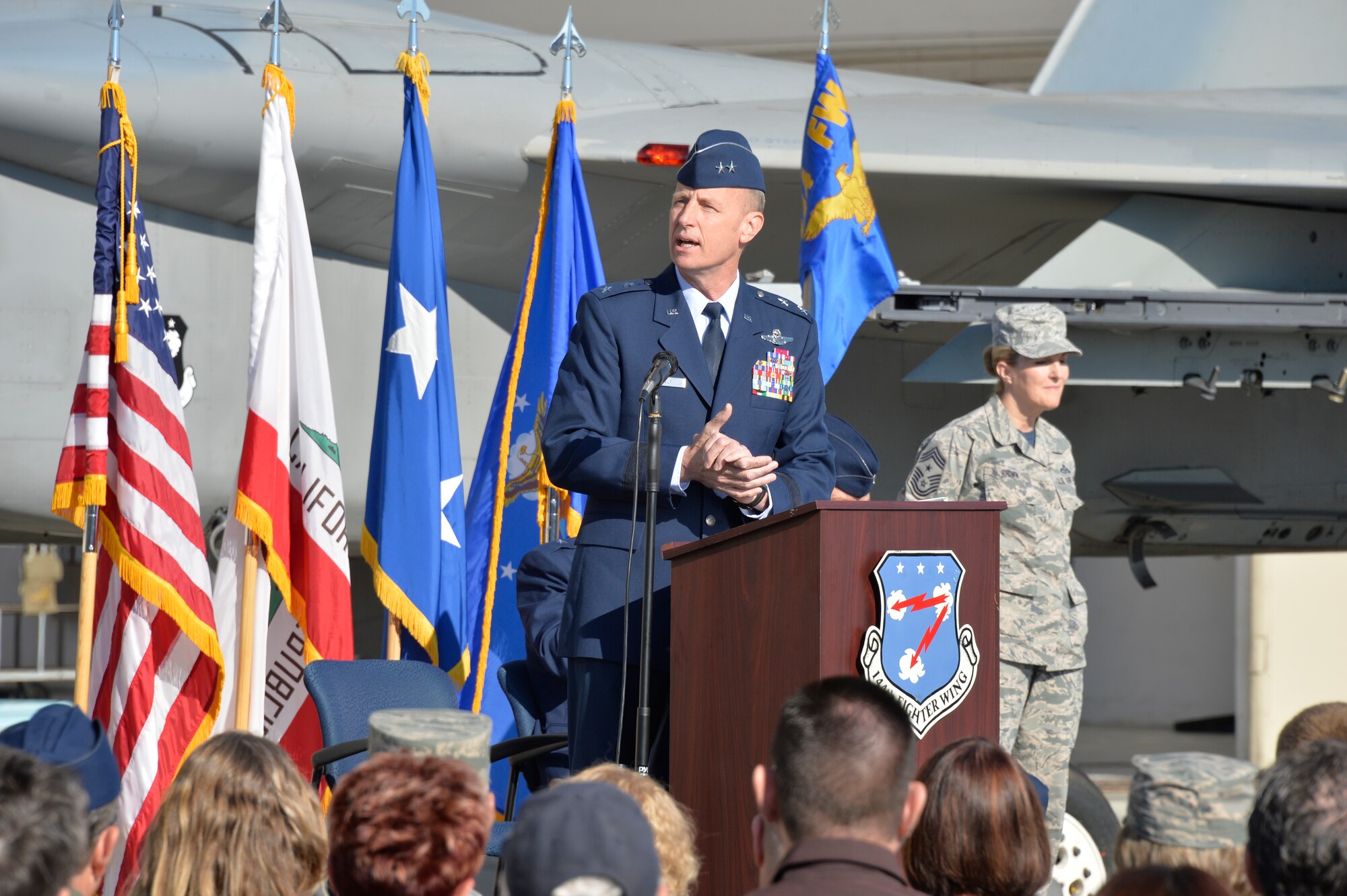 U.S. Air Force Maj. Gen. Jon Kelk, commander, California Air National Guard, speaks during the 144th Fighter Wing change of command ceremony at the Fresno Air National Guard Base April 2, 2016. U.S. Air Force Col. Reed Drake assumed command of the 144th FW from U.S. Air Force Brig. Gen. Clay Garrison. (U.S. Air National Guard photo by Tech. Sgt. Charles Vaughn)
